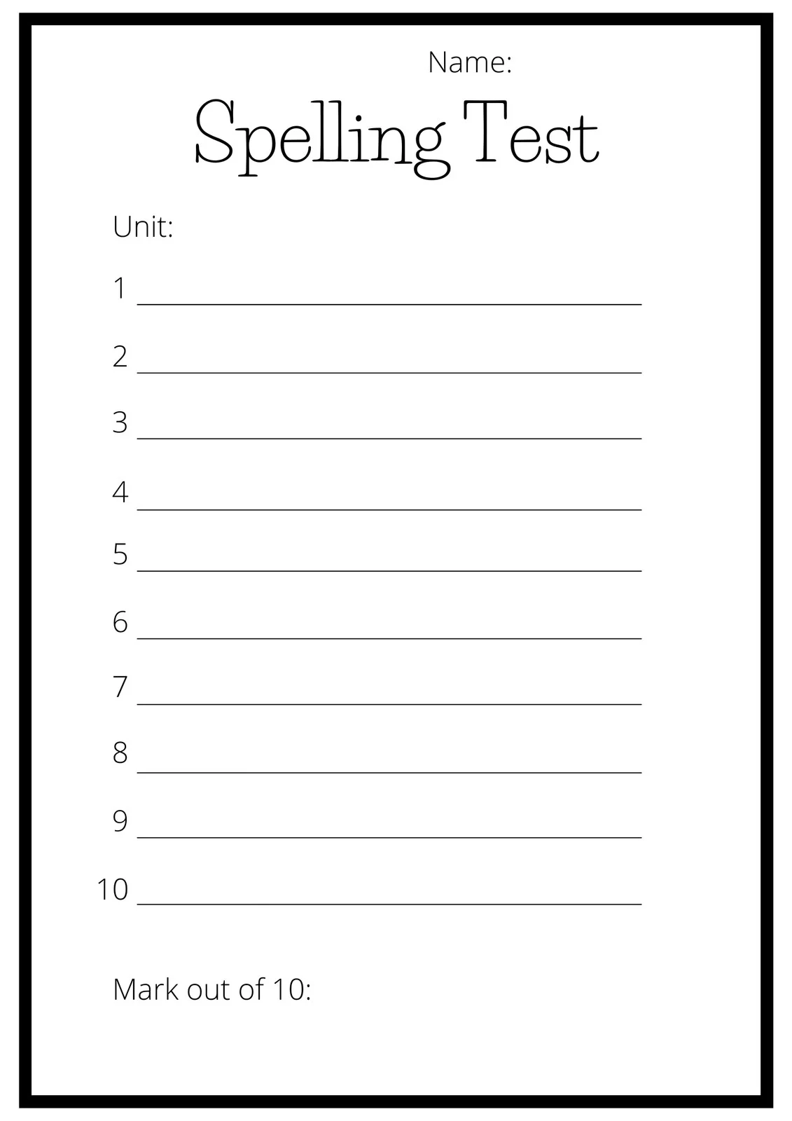 Blank Spelling List Printable