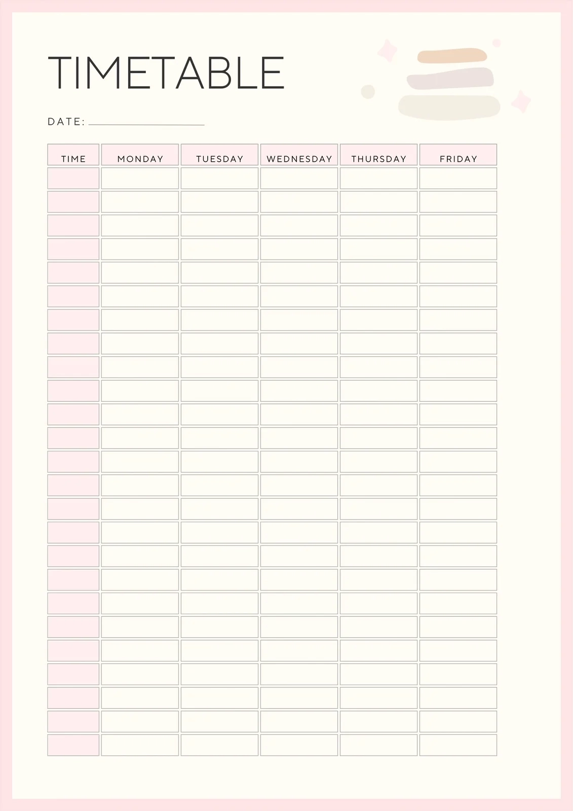 Blank Time Table Chart Printable