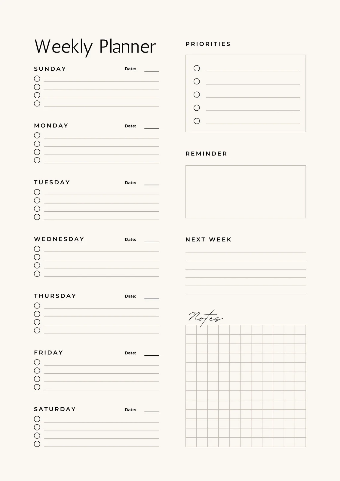 Blank Weekly Planner Printable