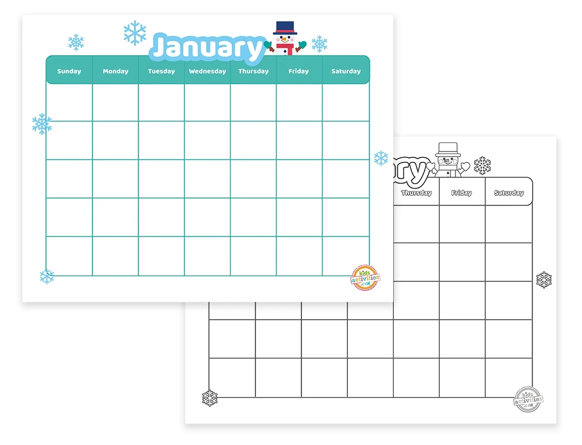 Free B amp W And Full Color Free Printable January Calendar Kids 