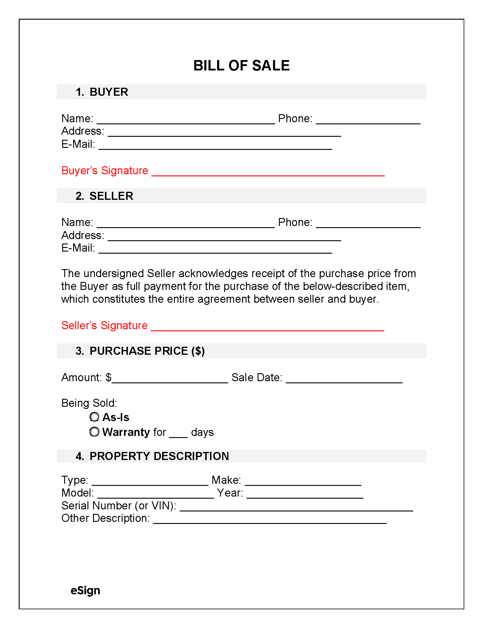 Printable Bill Of Sale Blank