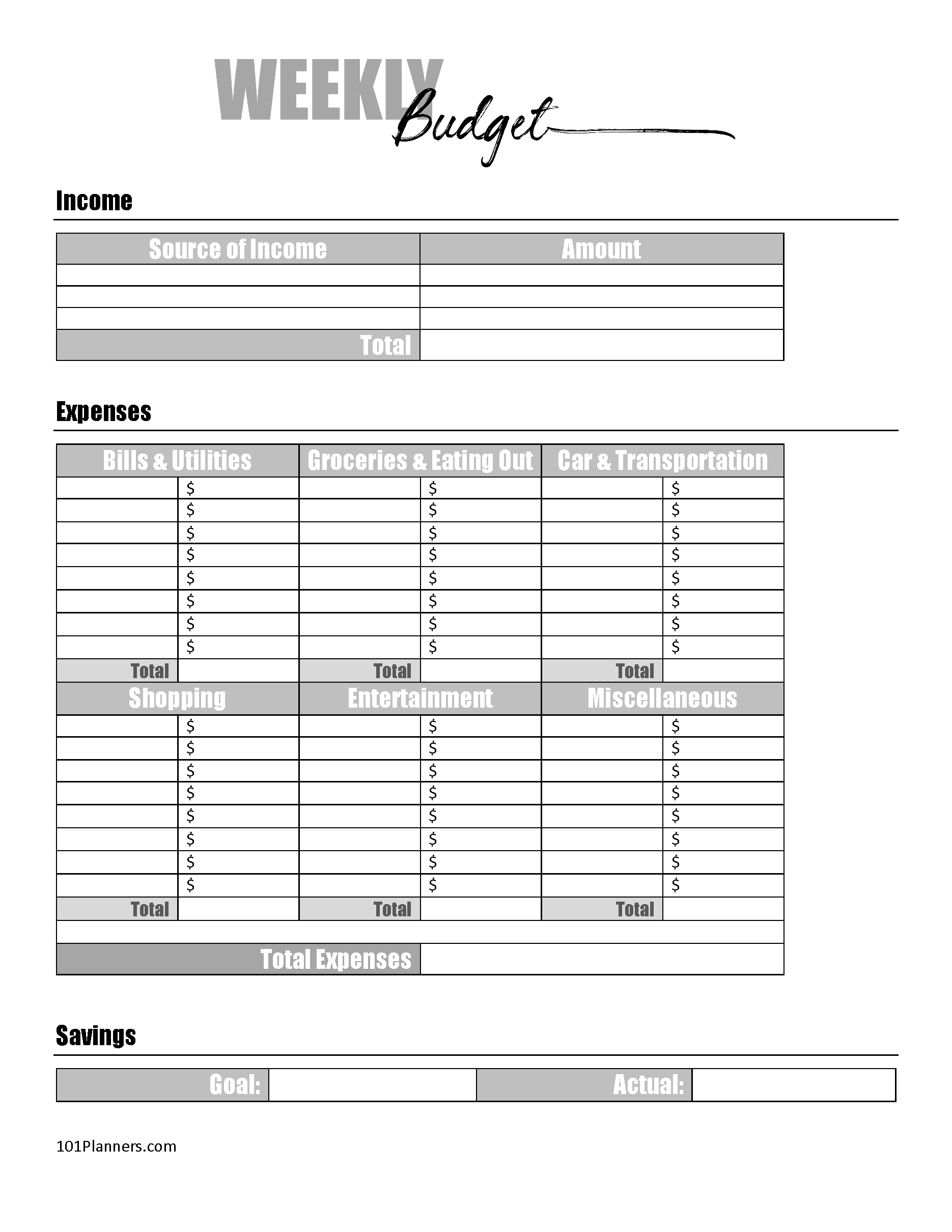 Printable Blank Budget Sheet