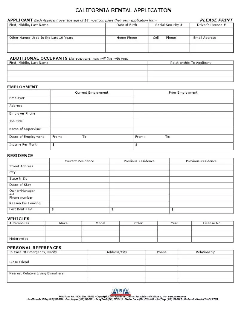 Free California Rental Application Template FormsPal