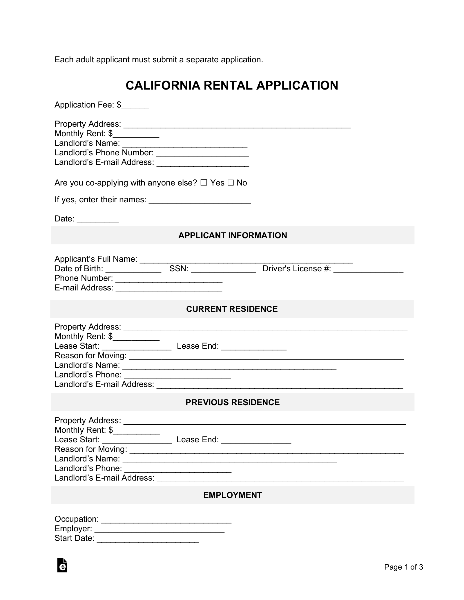 Free California Rental Application Template PDF Word EForms