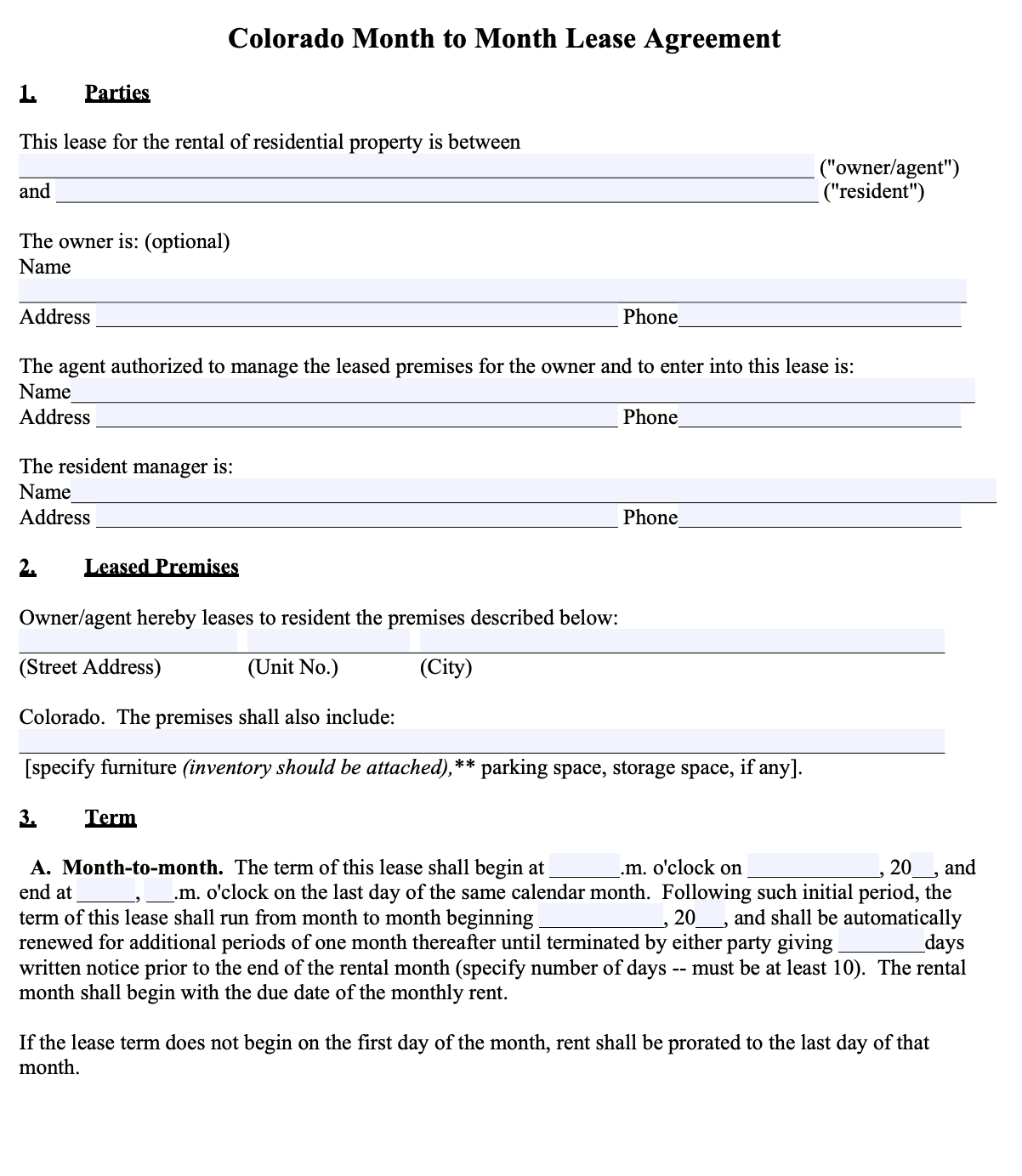 Free Printable Blank Colorado Lease