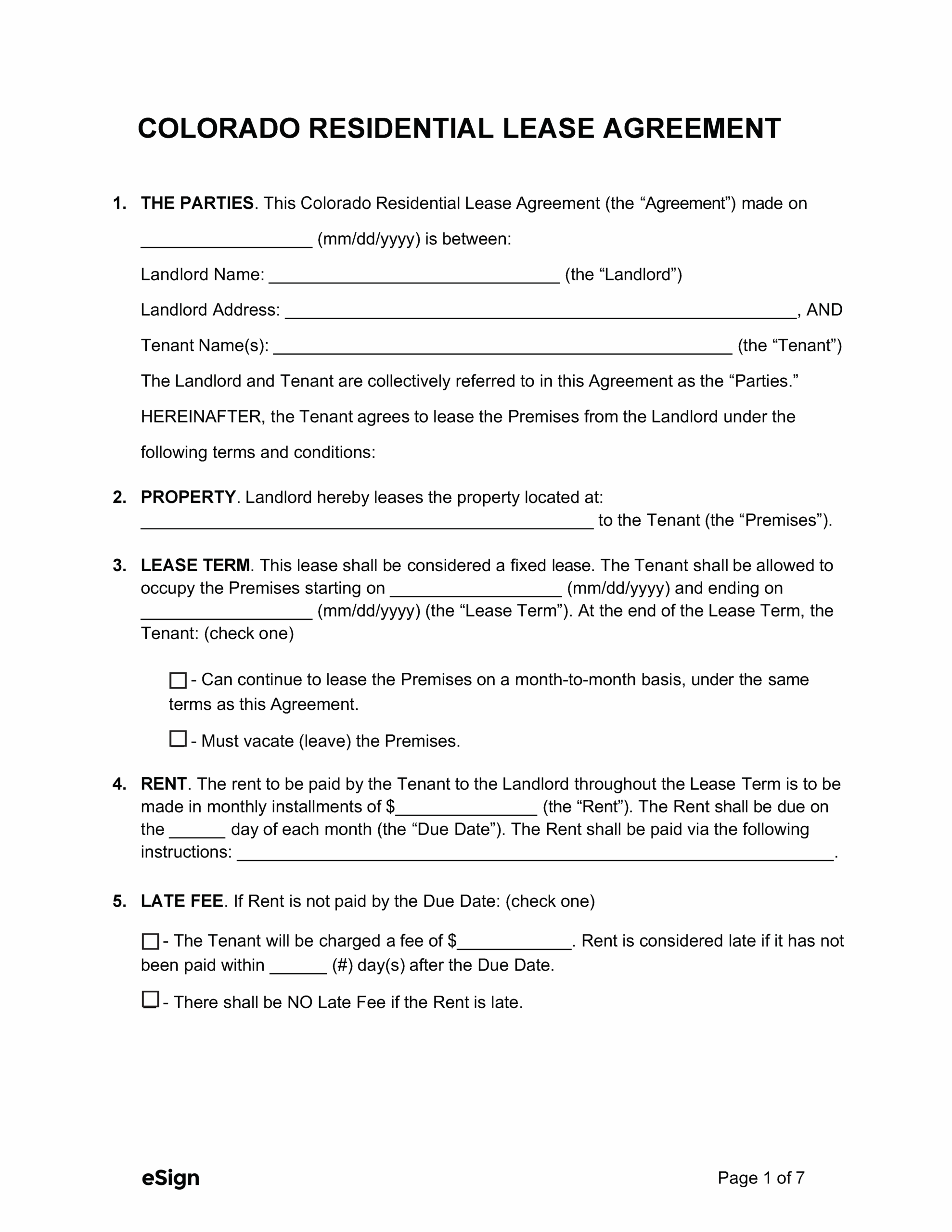 Free Colorado Standard Residential Lease Agreement Template PDF 