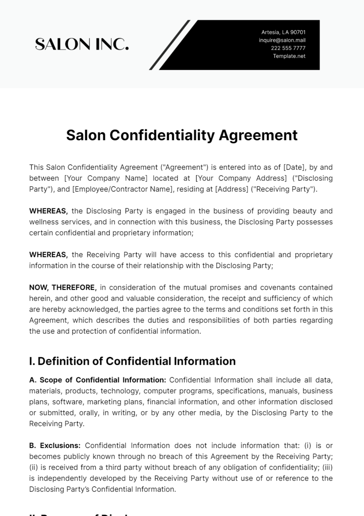 Printable Blank Confidentiality Agreement