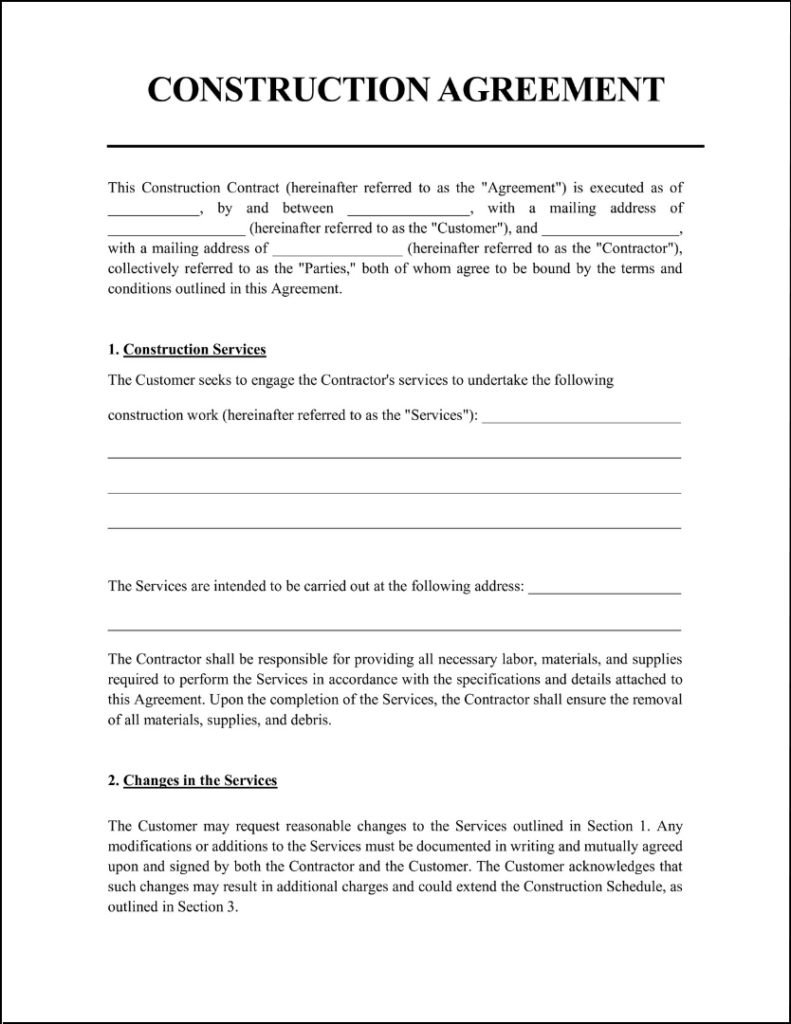 Printable Blank Contractor Agreement