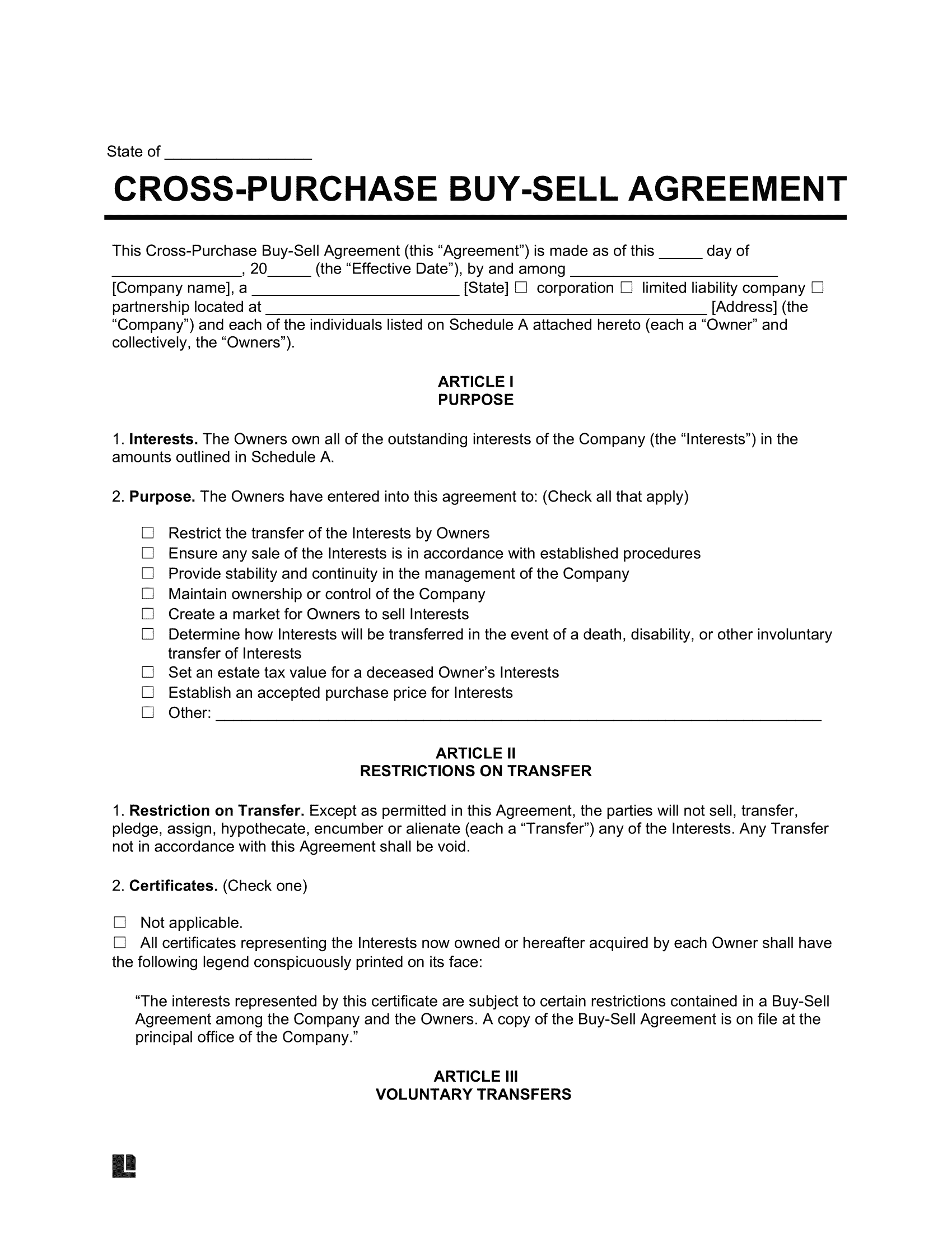 Printable Blank Buy Sell Agreement