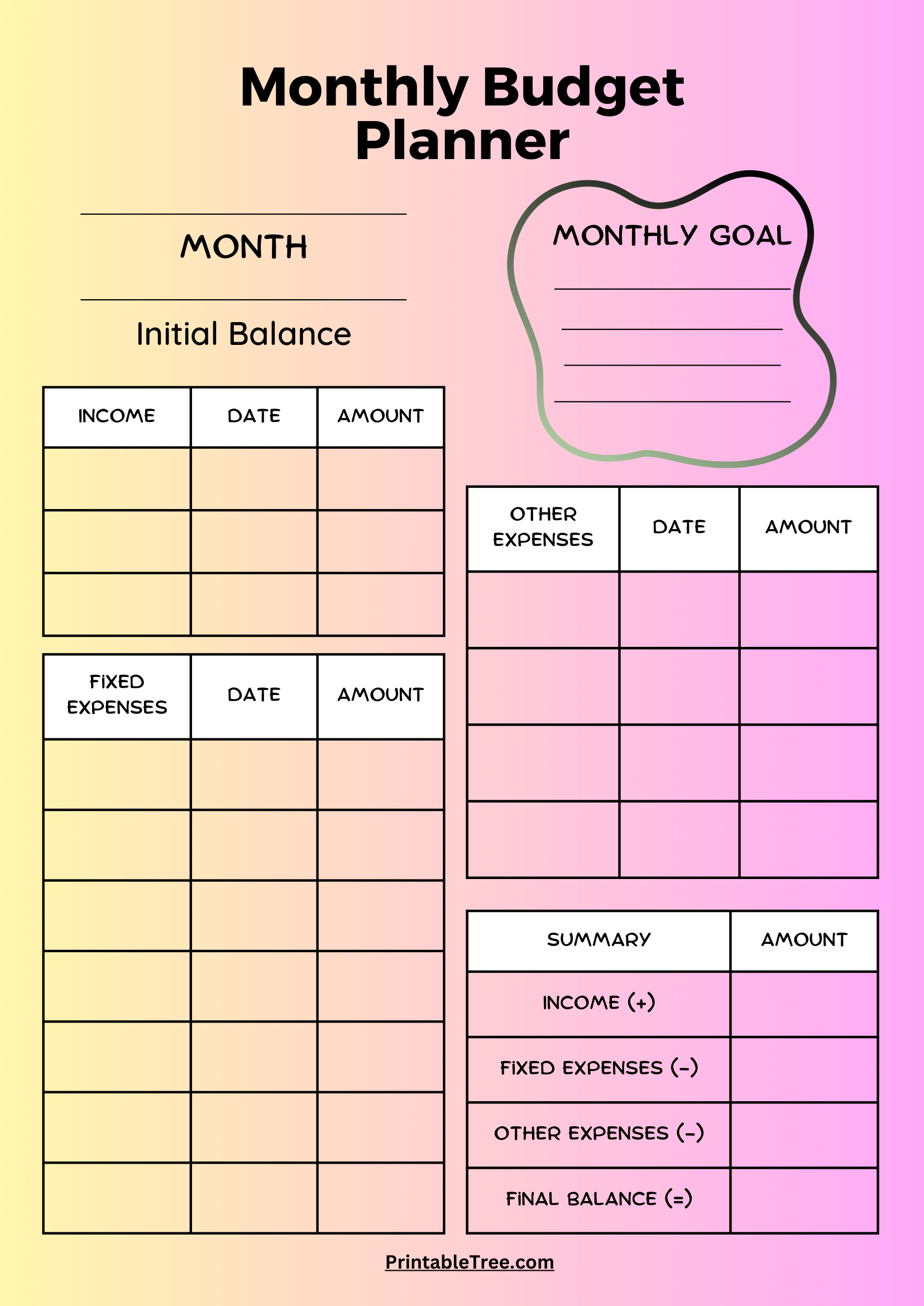 Free Printable Monthly Budget Blank