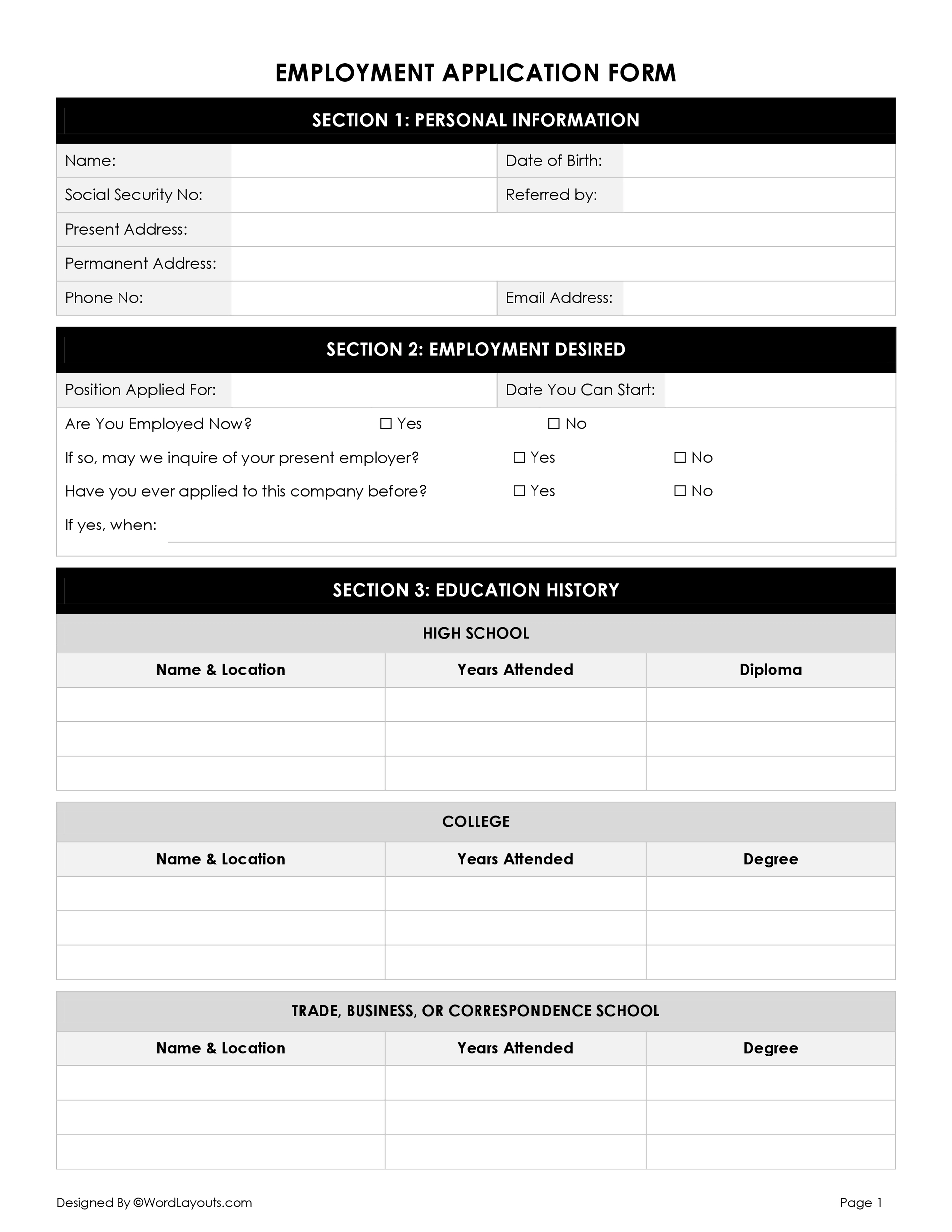 Printable Blank Work Applications