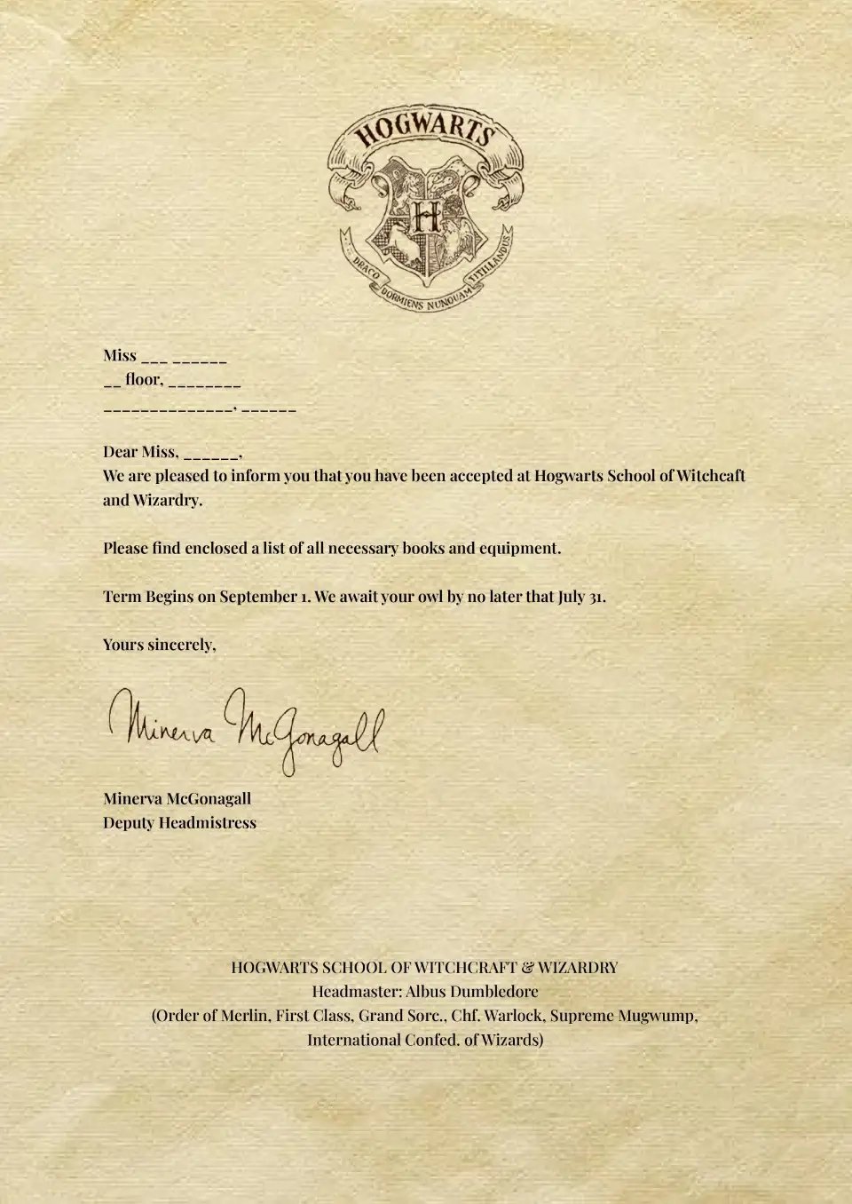 Hogwarts Letter Printable Blank