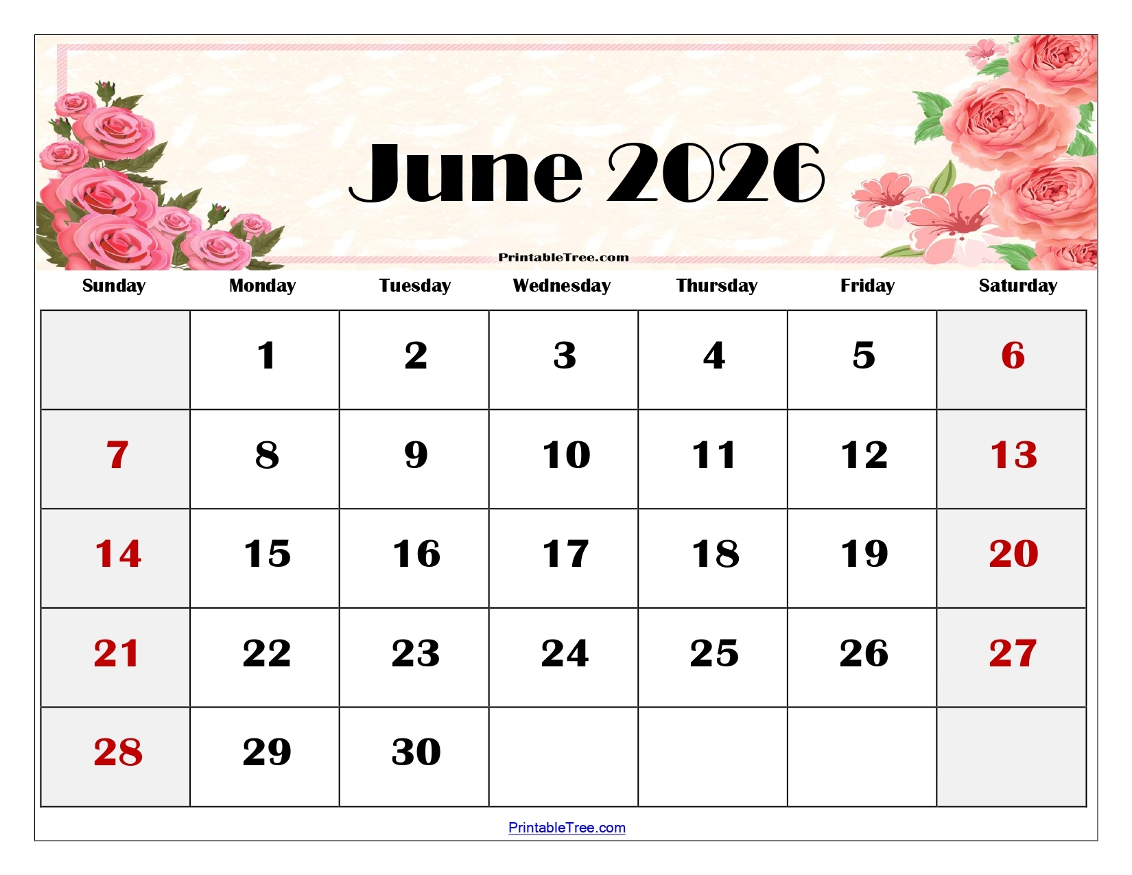 Blank Calendar Printable June 2026