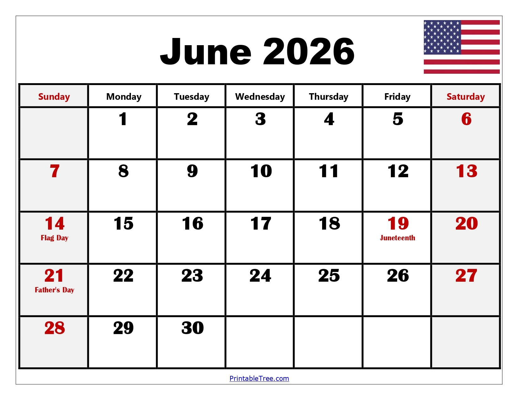 Blank June 2026 Calendar Printable
