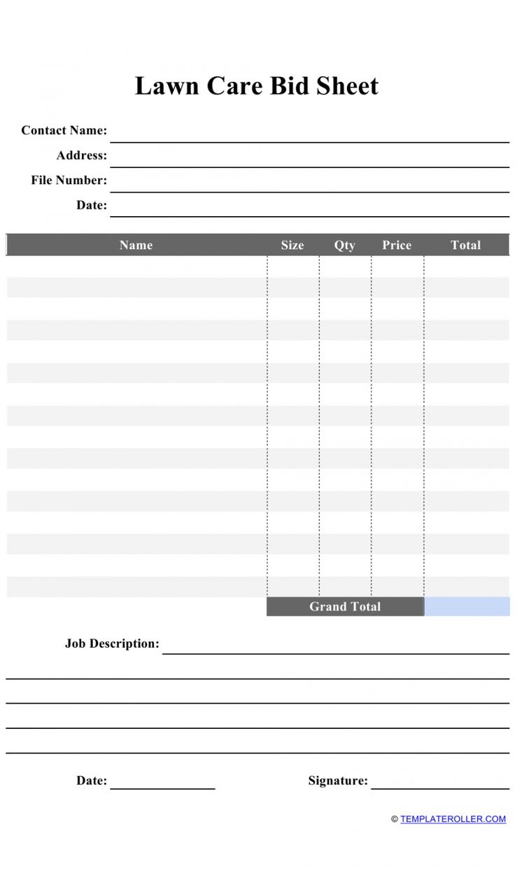 Free Lawn Care Bid Sheet Template Printable Templates Landscape 