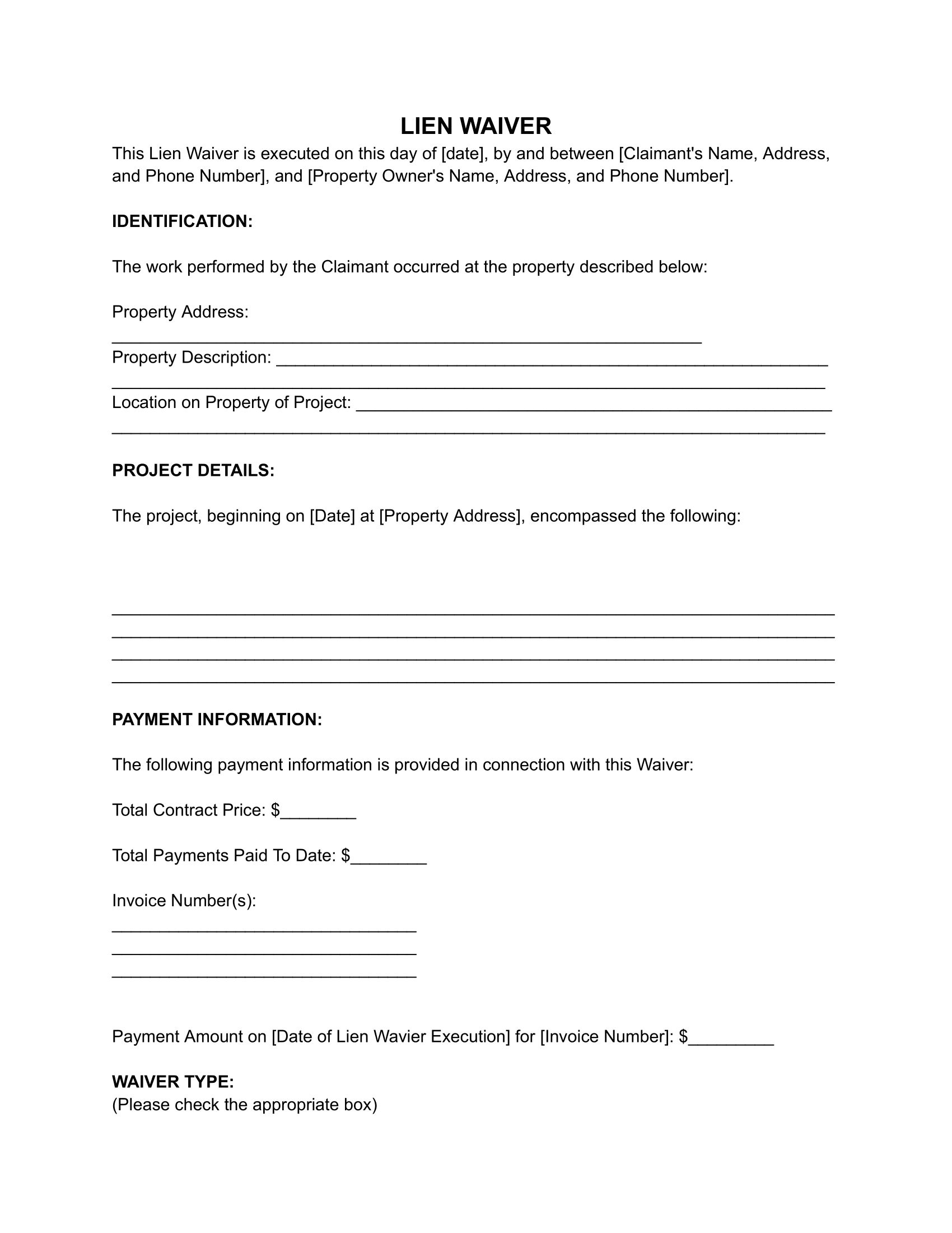 Free Lien Waiver Form for Contractors PDF amp Word