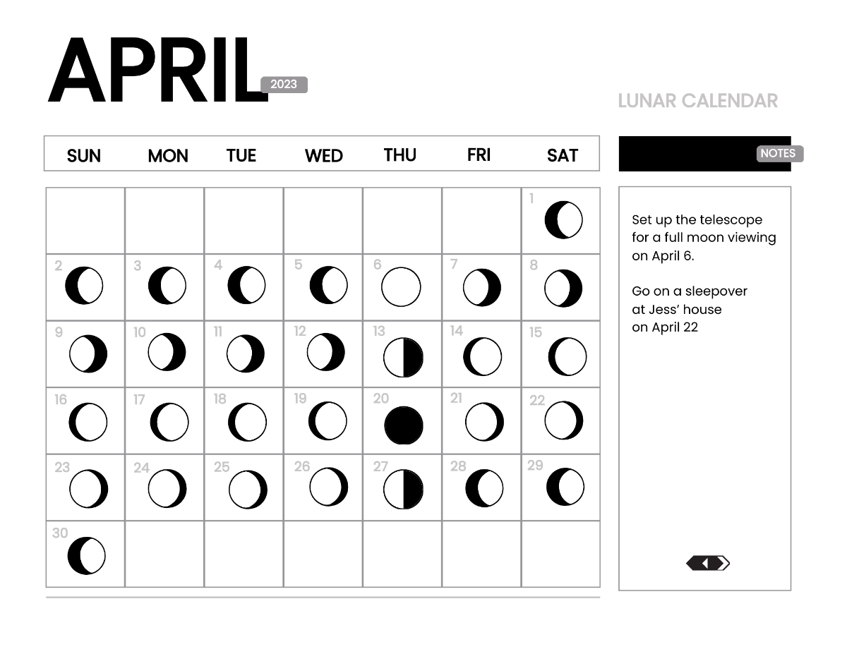 Free Lunar Calendar April 2023 Template To Edit Online