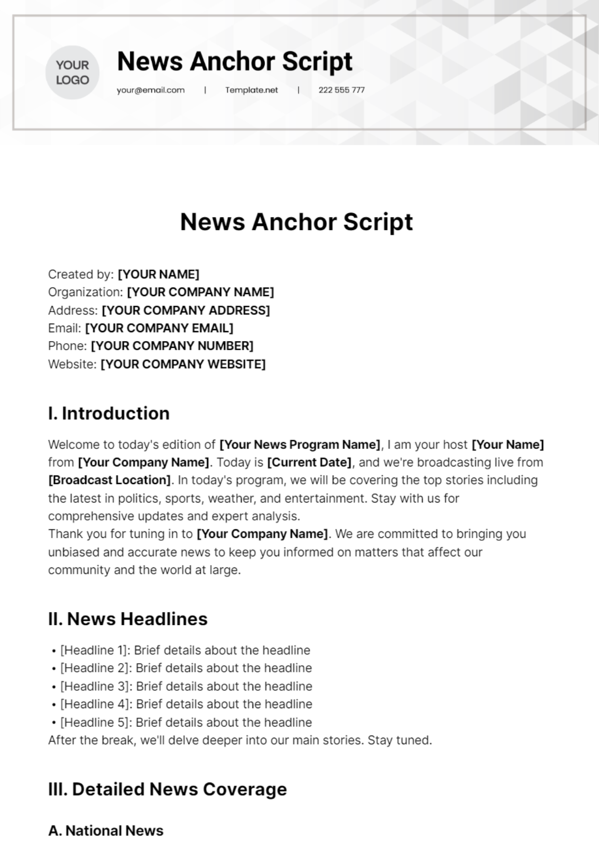 Free News Anchor Script Template To Edit Online