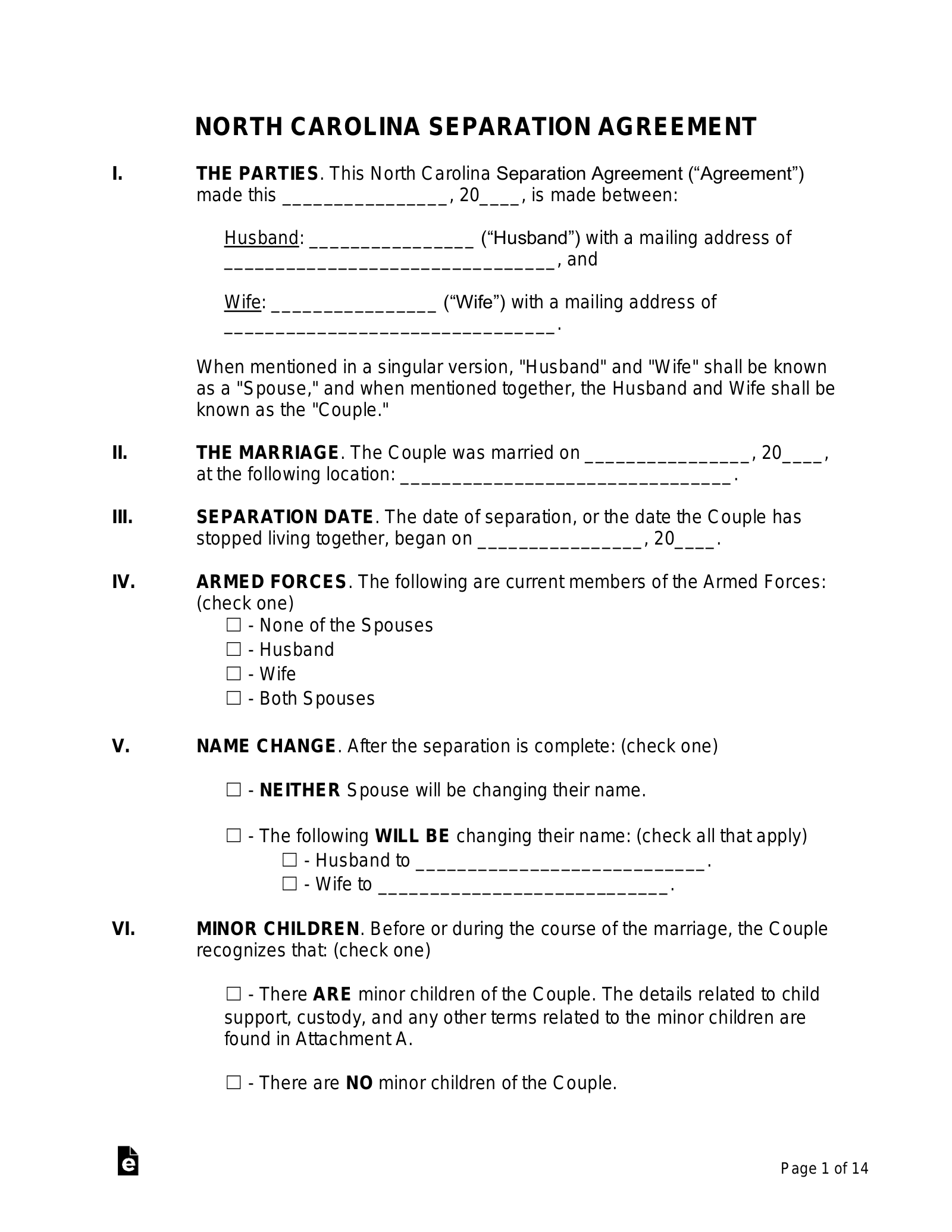Free North Carolina Separation Agreement Template PDF Word 