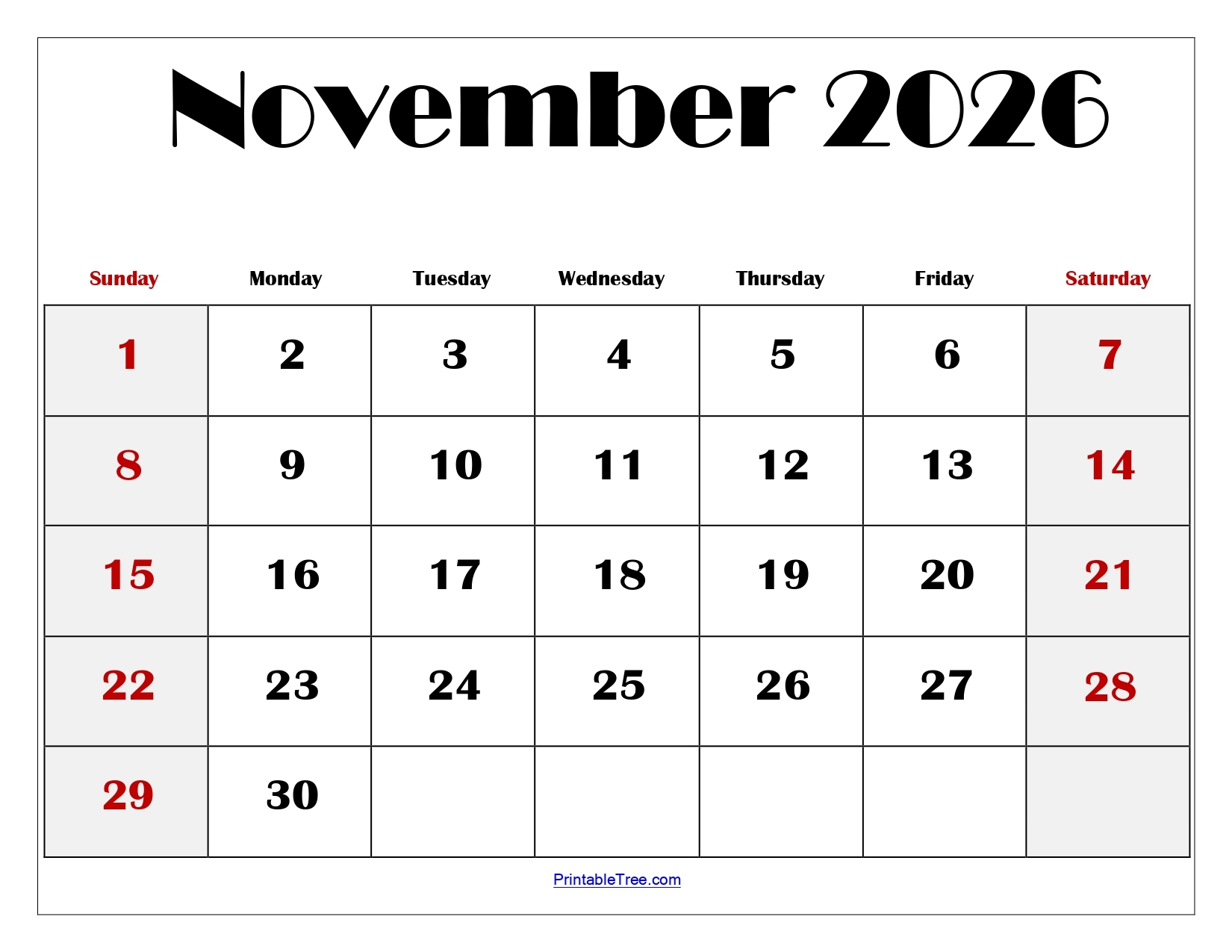 November 2026 Calendar Blank Printable