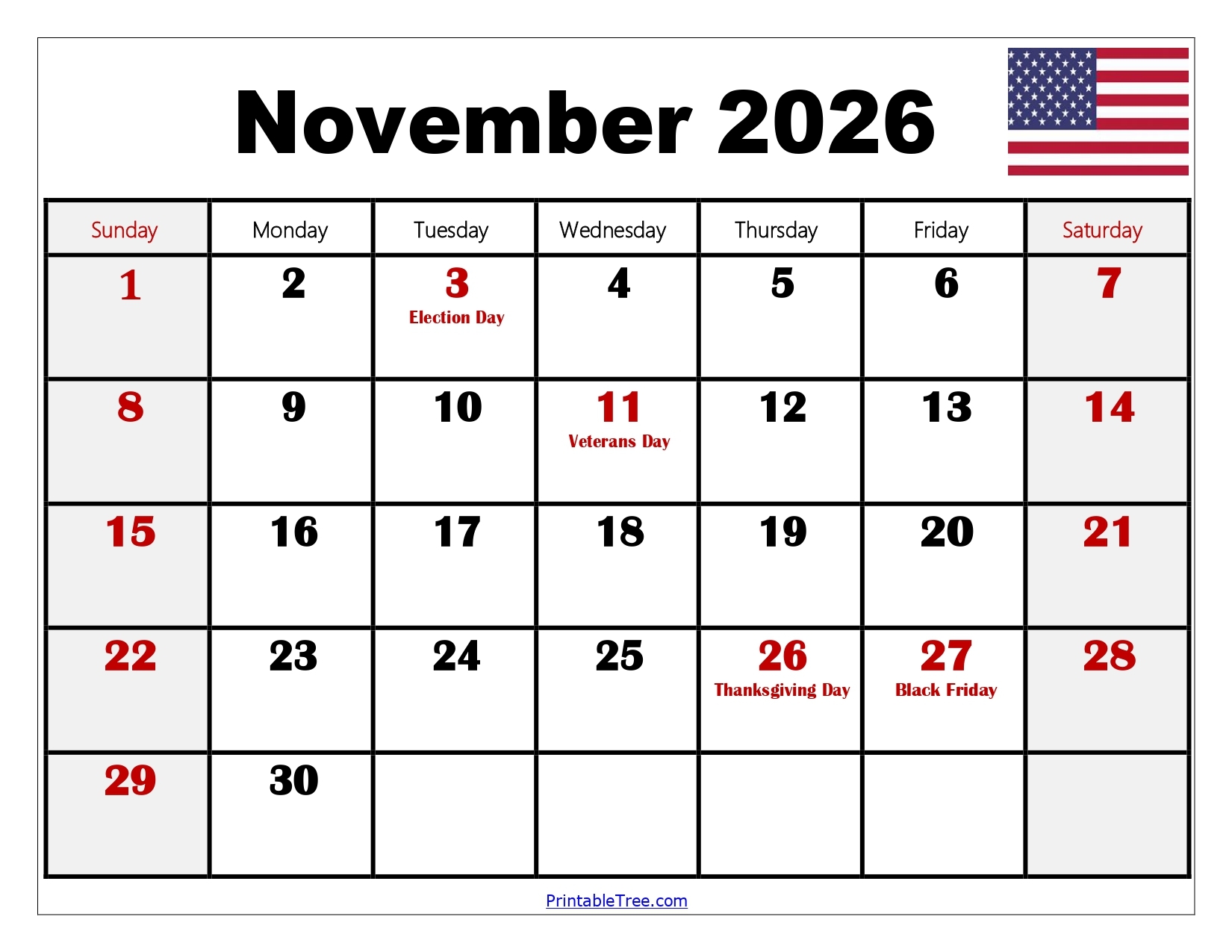 Blank November 2026 Printable Calendar