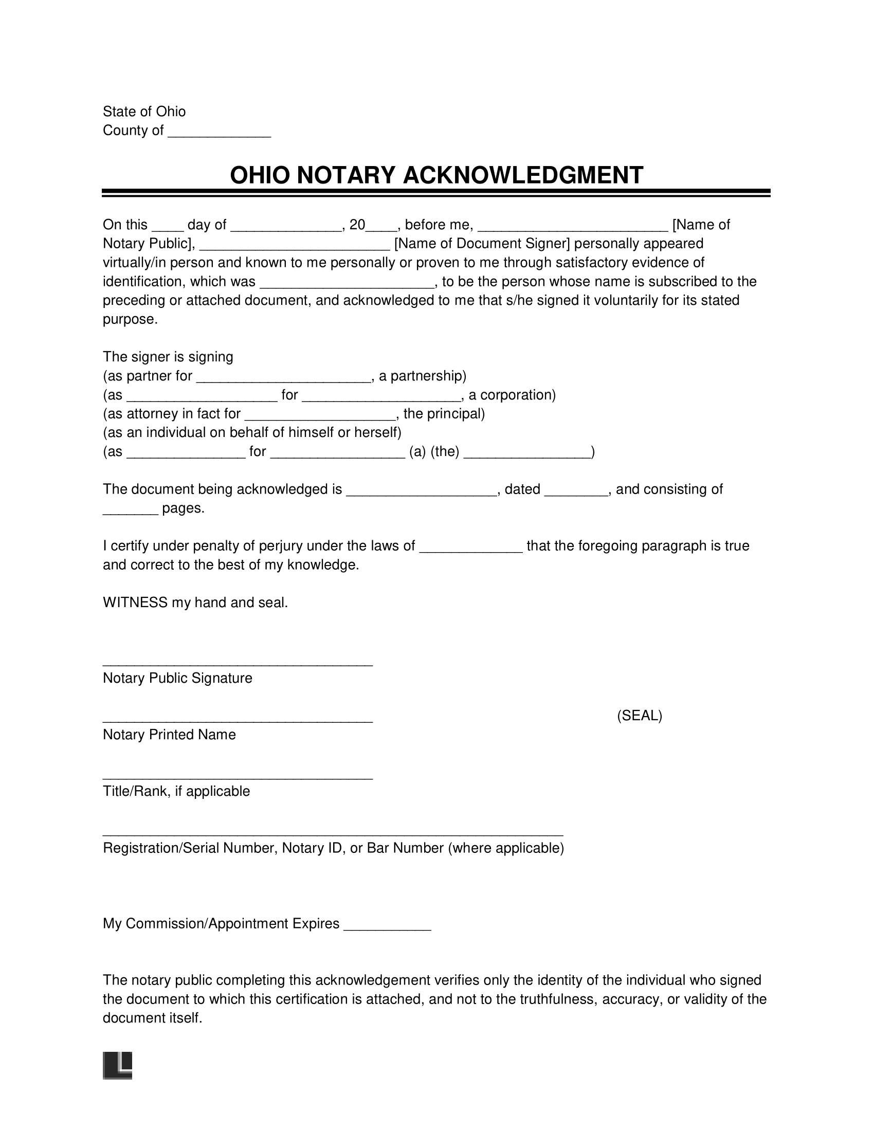 Free Ohio Notary Acknowledgment Form PDF amp Word