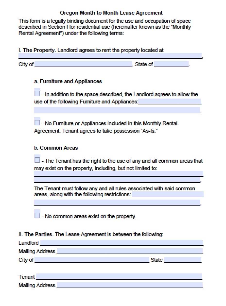 Blank Printable Oregon Lease Agreement