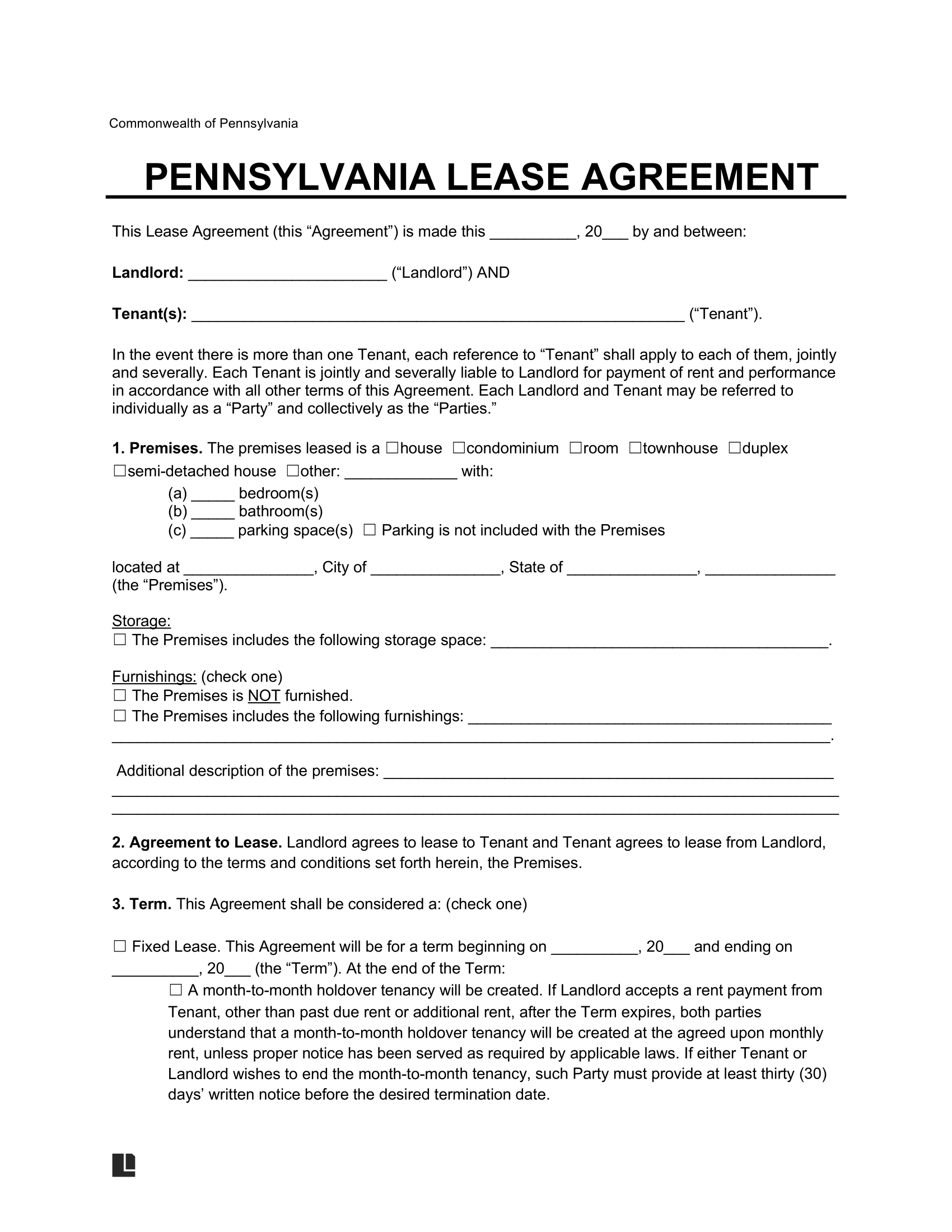 Free Pennsylvania Lease Agreement Templates 6 PDF amp Word