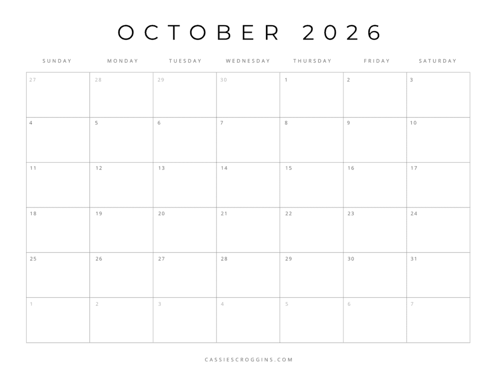 Blank Calendar Page Printables 2026