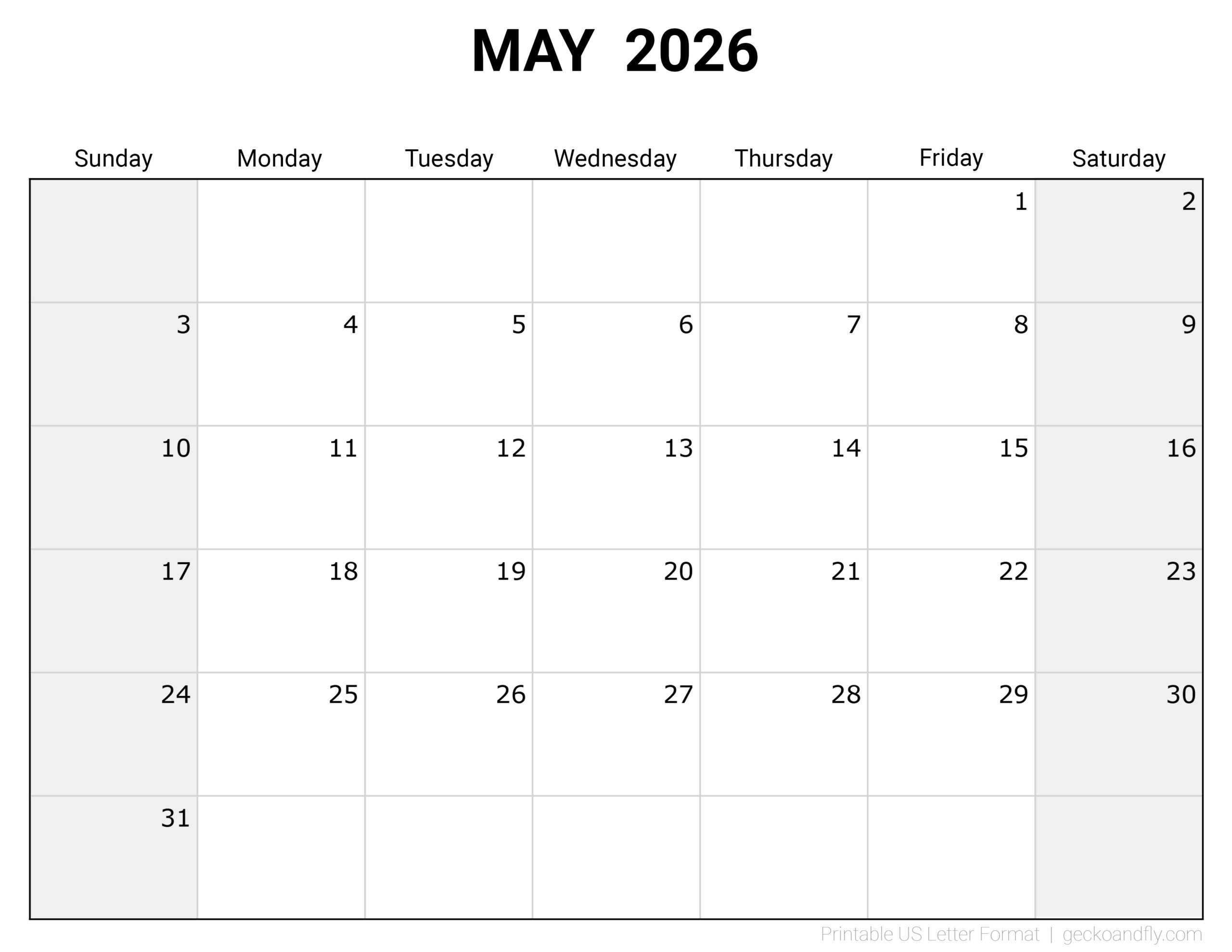 Free Printable 2026 Blank Monthly Calendar
