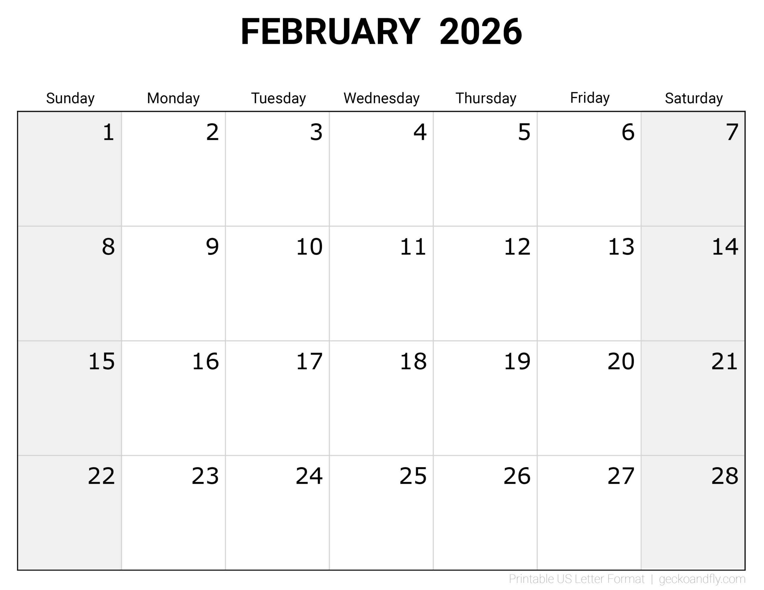 Free Printable 2026 Blank Monthly Calendar