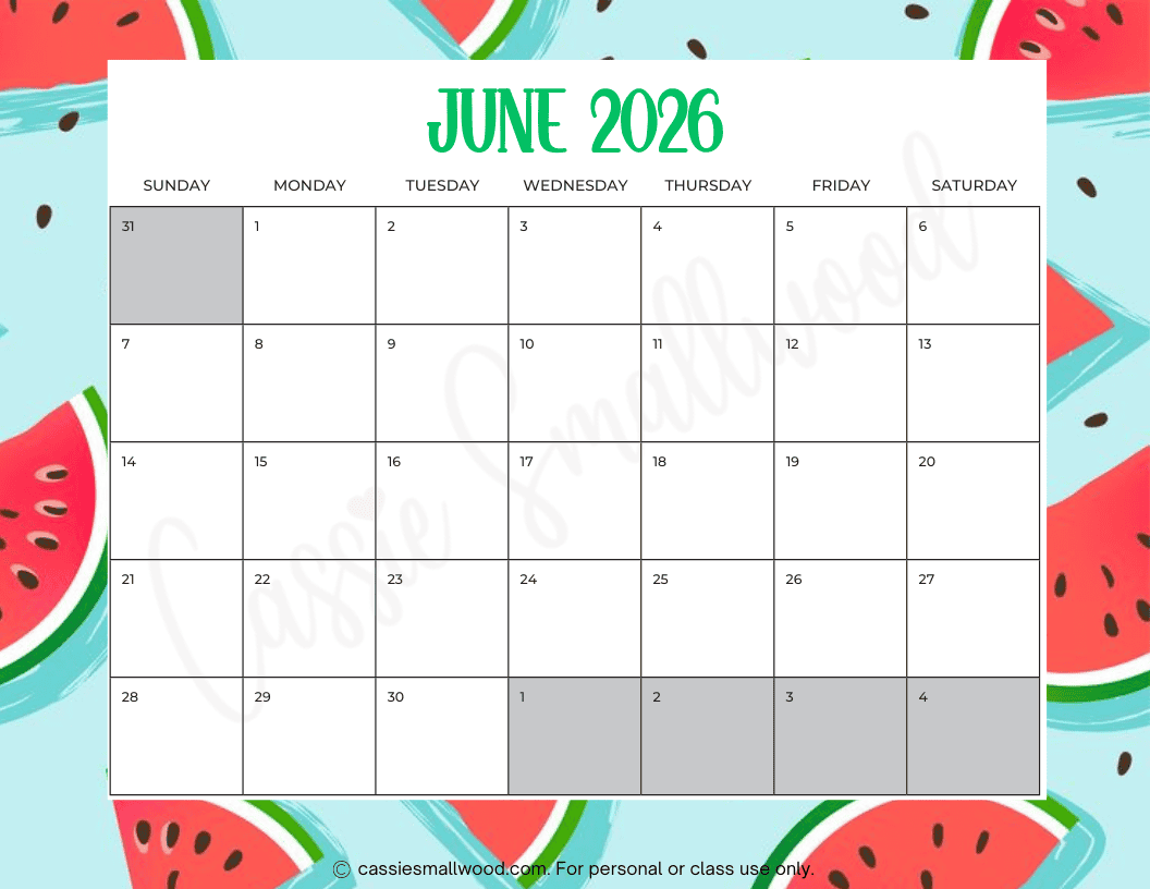 June 2026 Printable Blank Calander