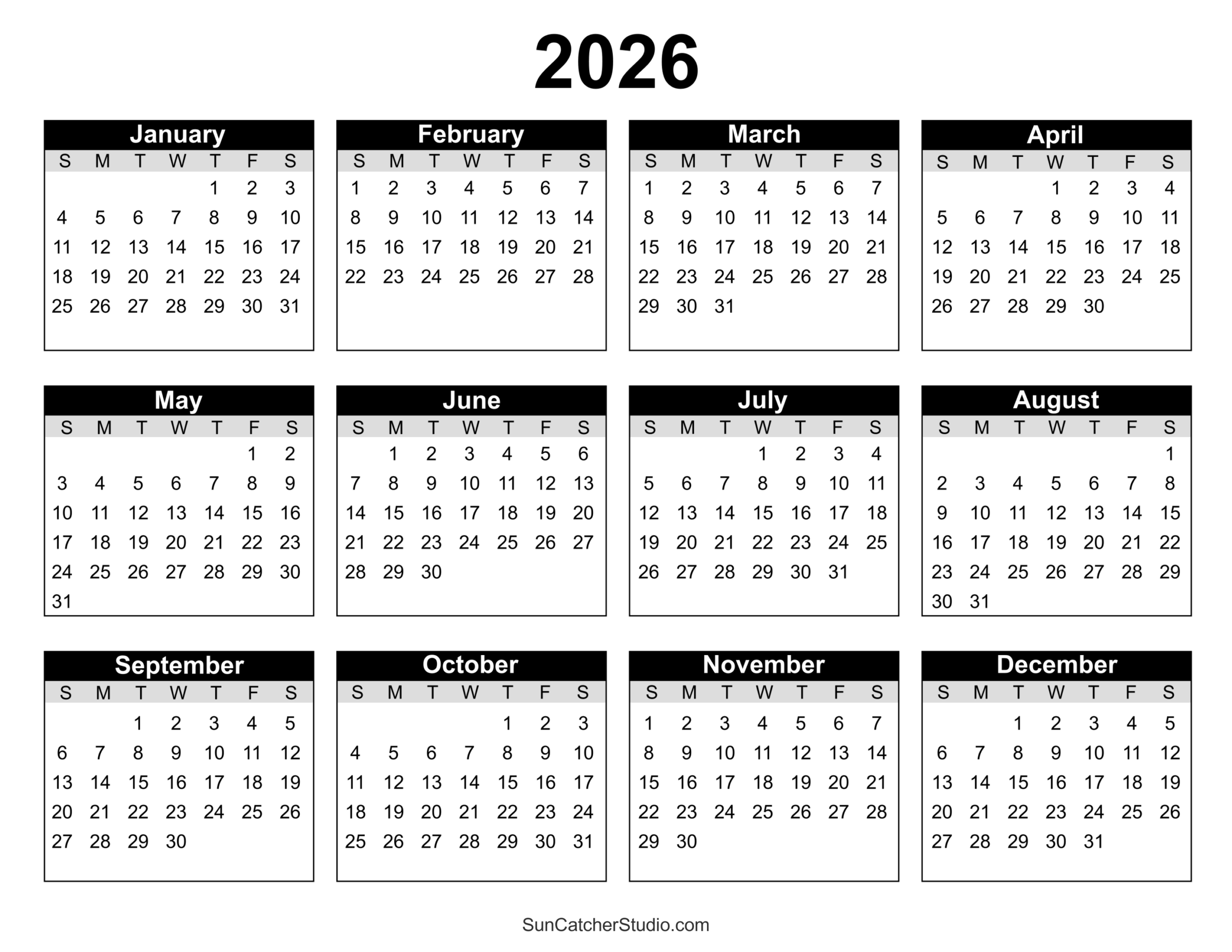 Blank Printable Calendars 2026