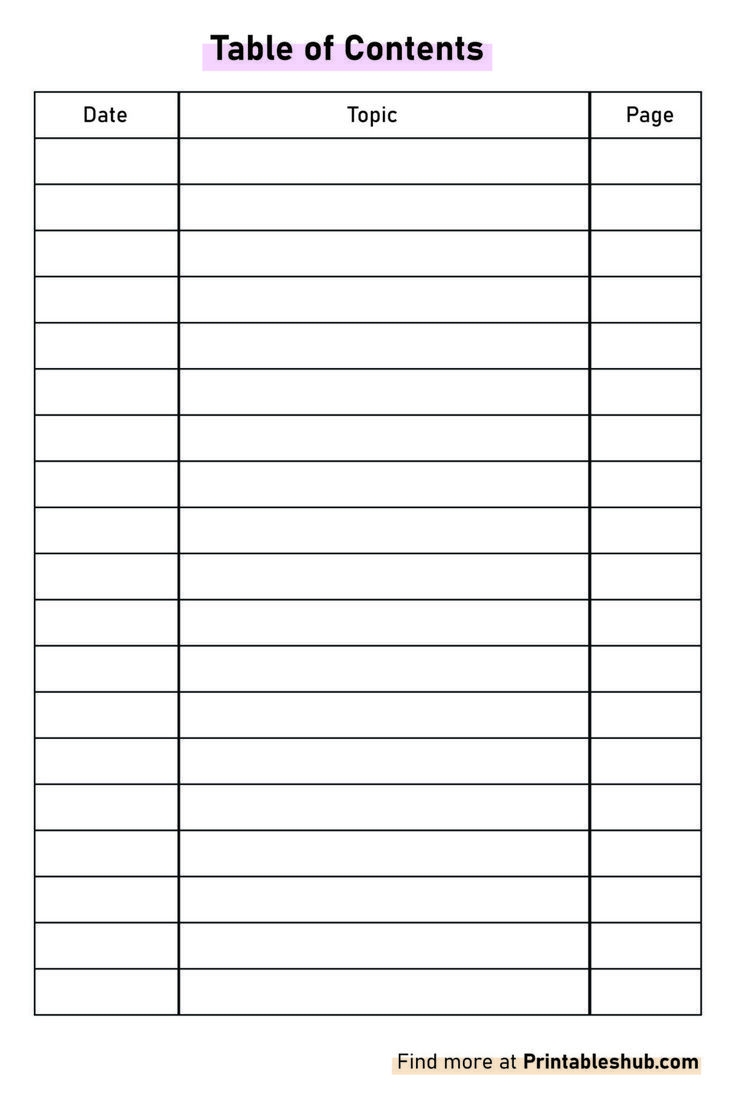 Blank Table Of Contents Printable