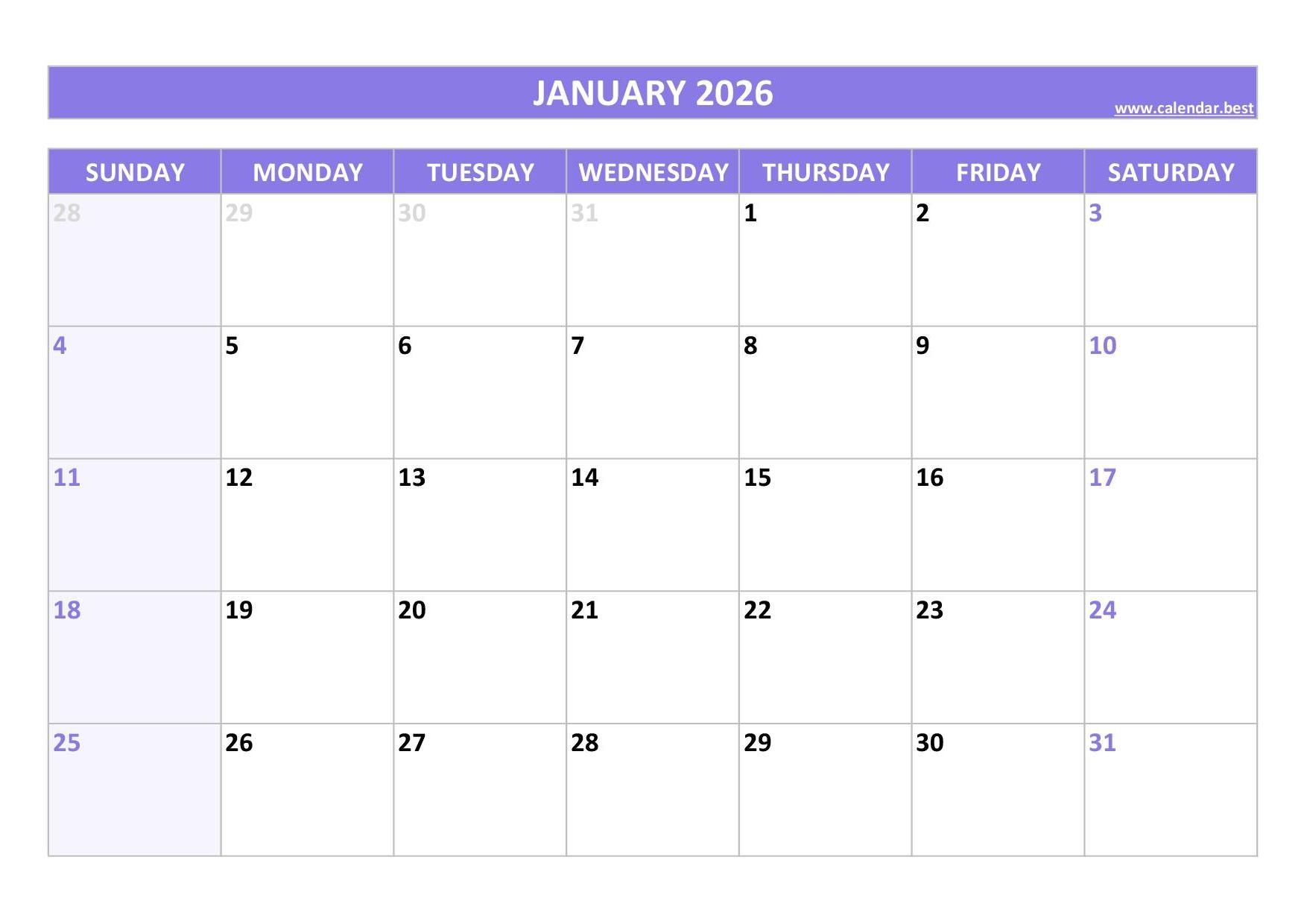 2026 Blank Monthly Calendar Printable