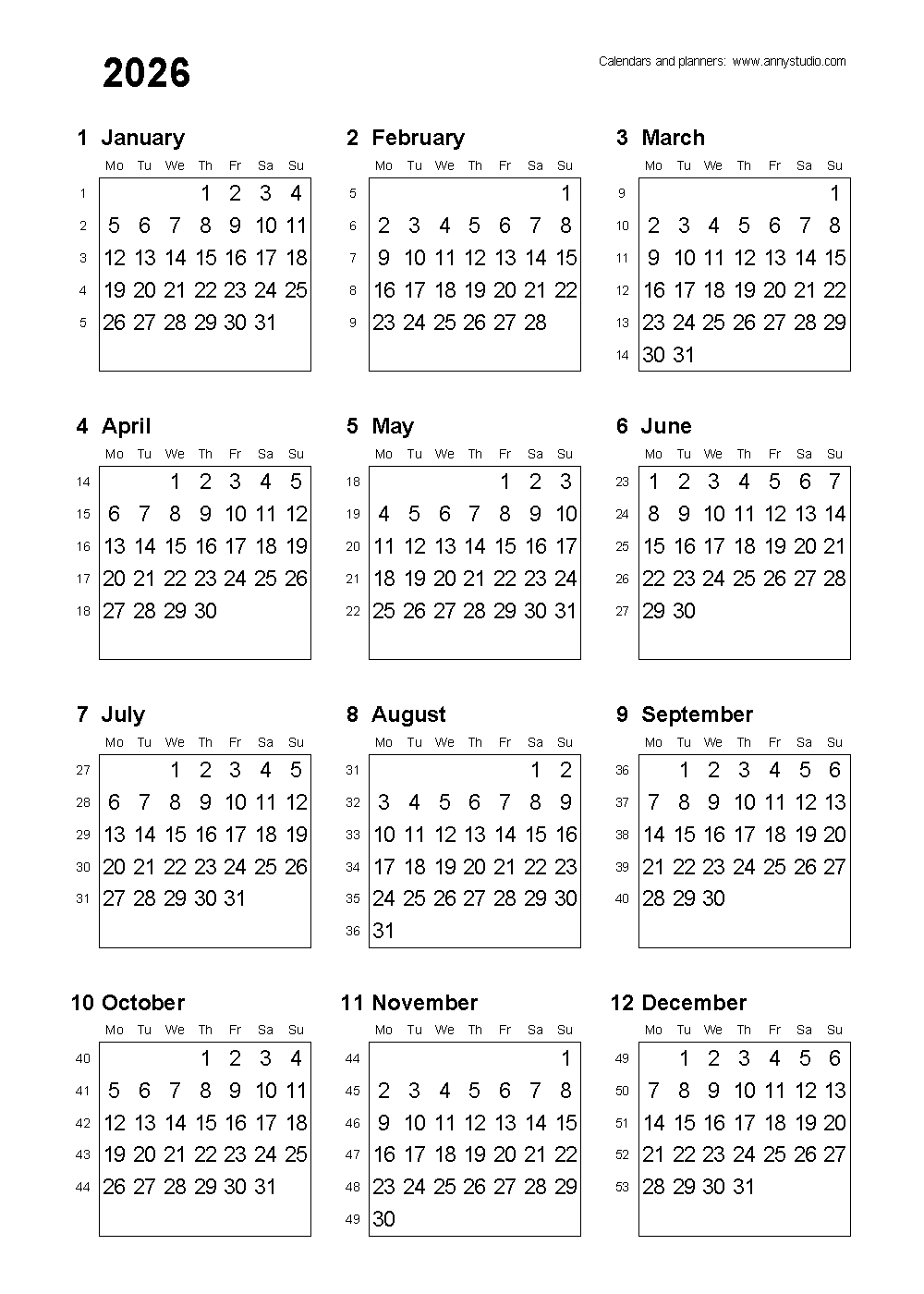 Printable A4 Calendar Blanks 2026