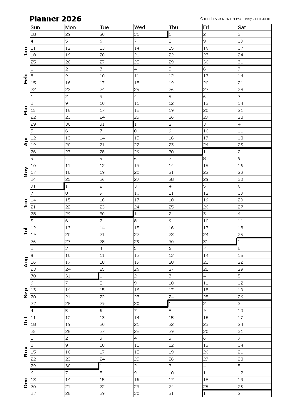 Free Printable Annual Blank Calendars2026