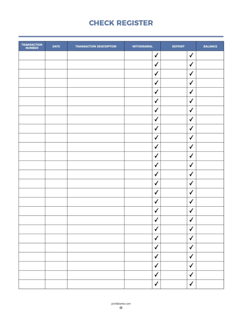 Free Blank Bank Register Printable