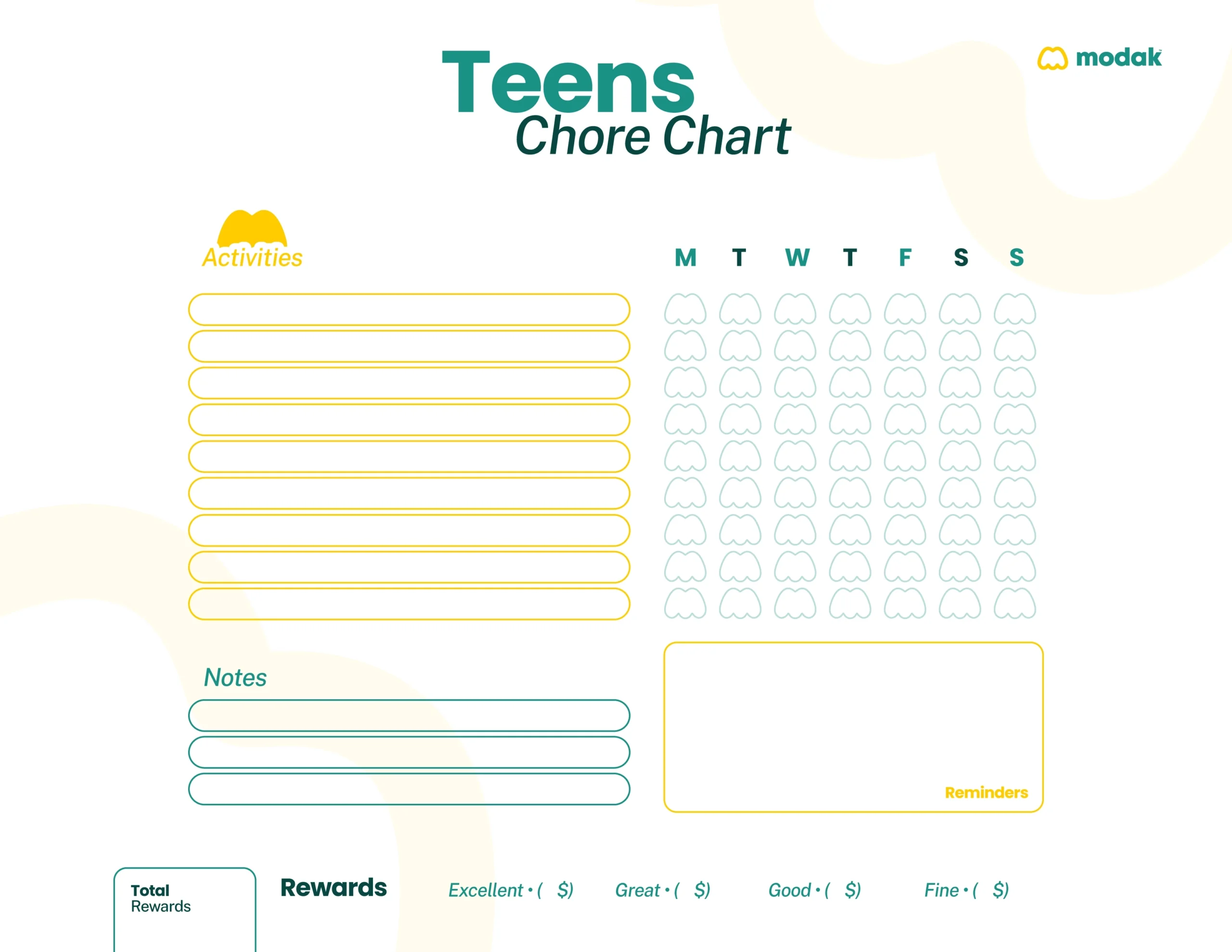 Free Printable Chore Chart For Teens