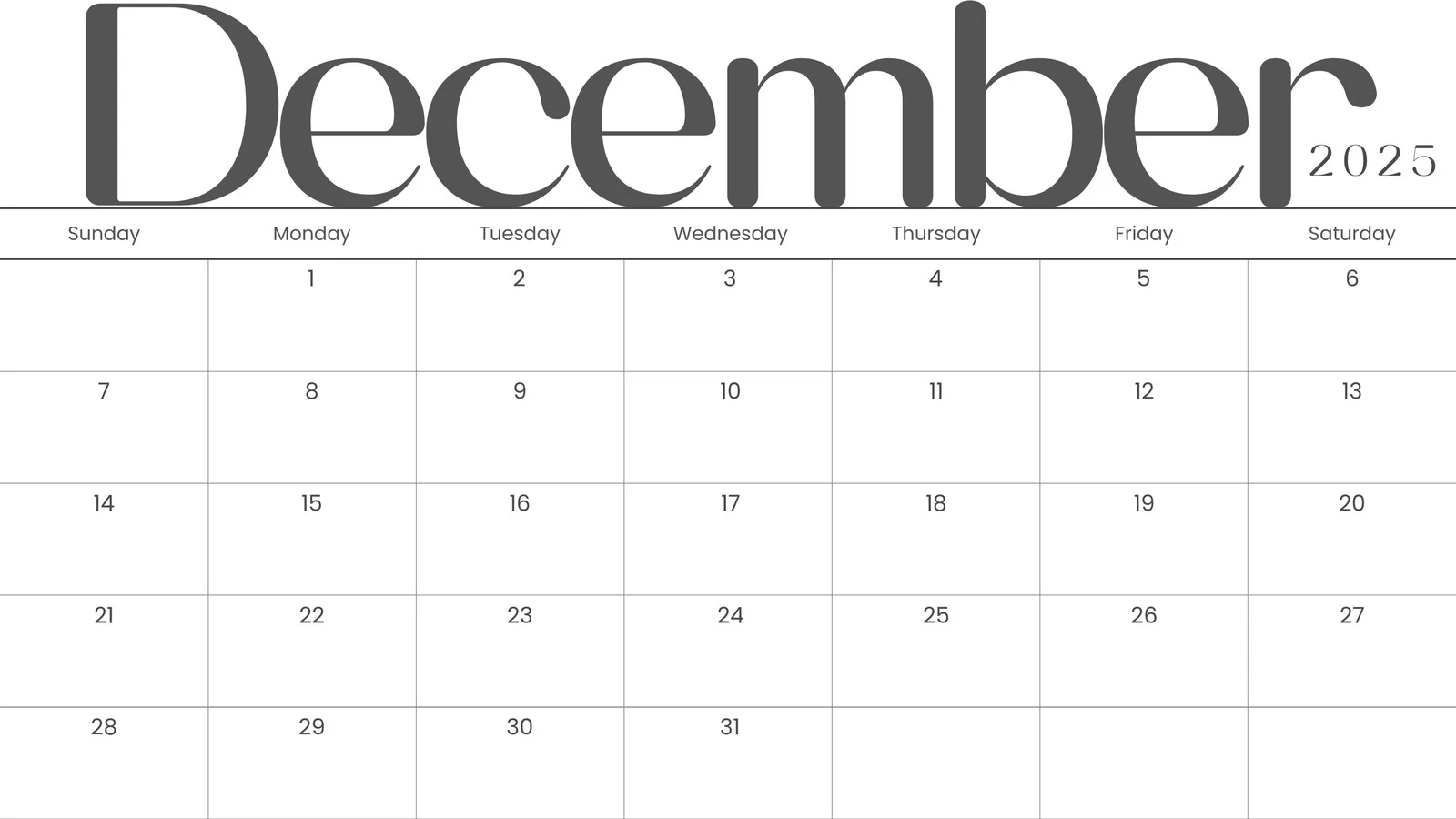 Blank December Calendar Printable