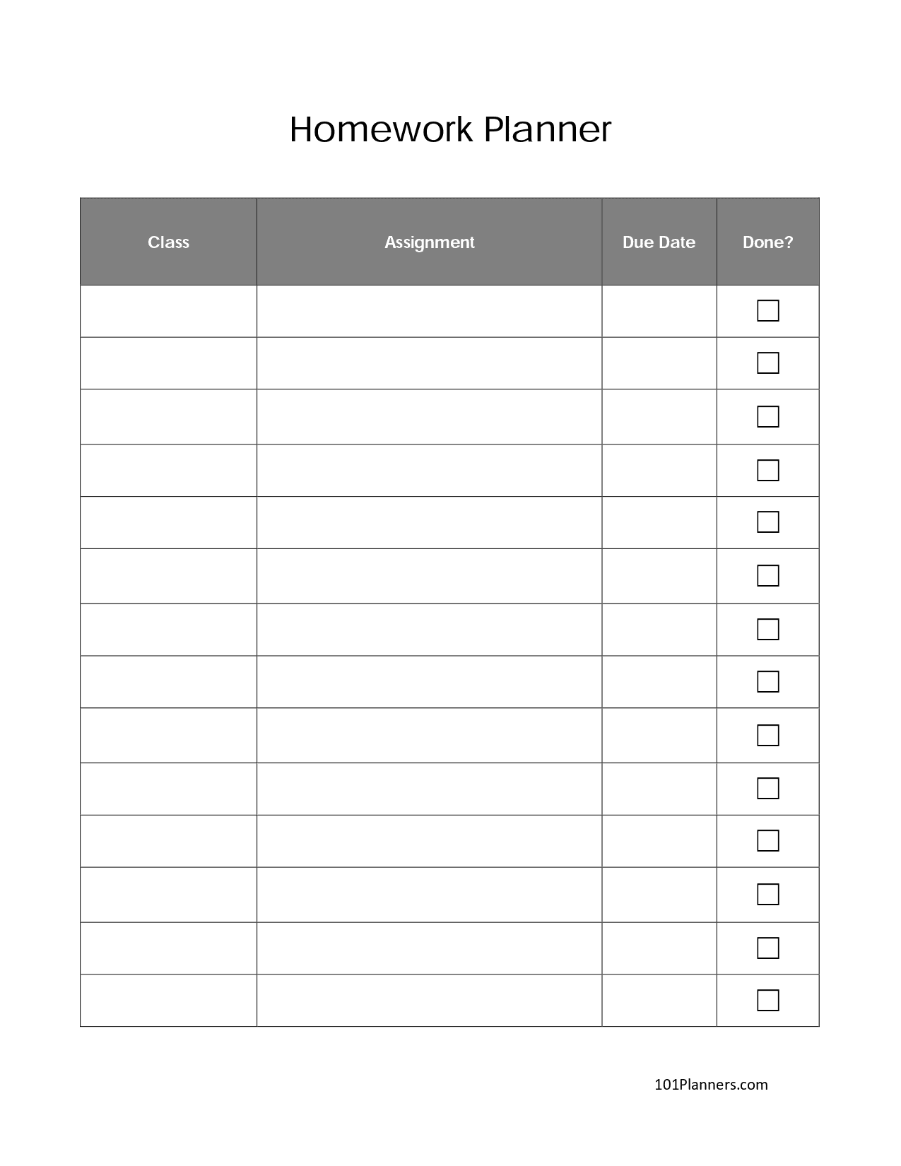 Homework Tracker Grid Blank Printable