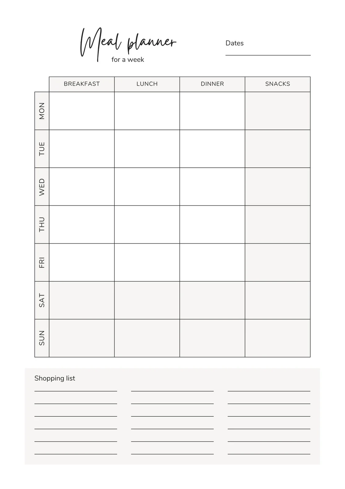 Blank Menu Planner Printable