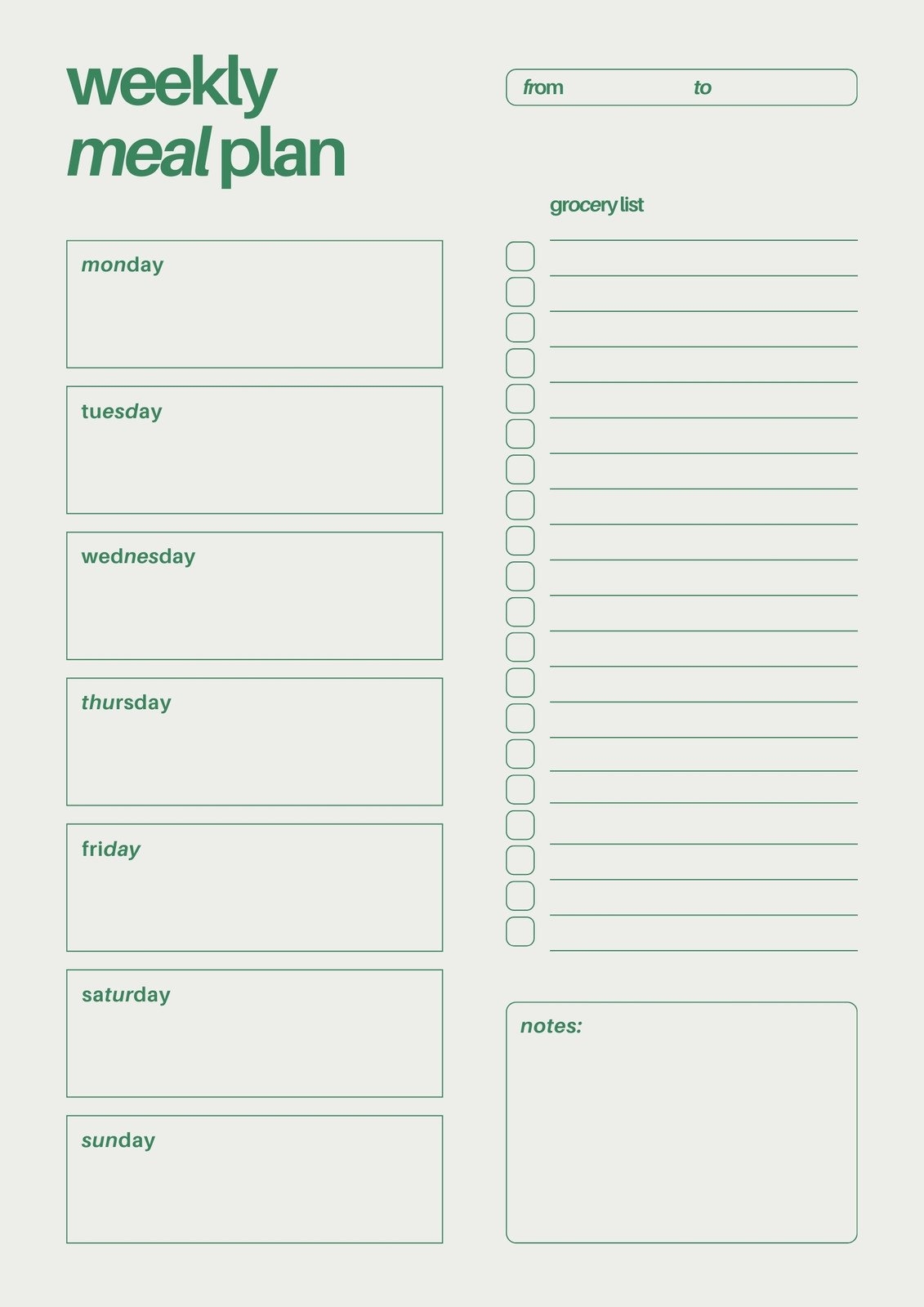Printable Blank Weekly Menu Template