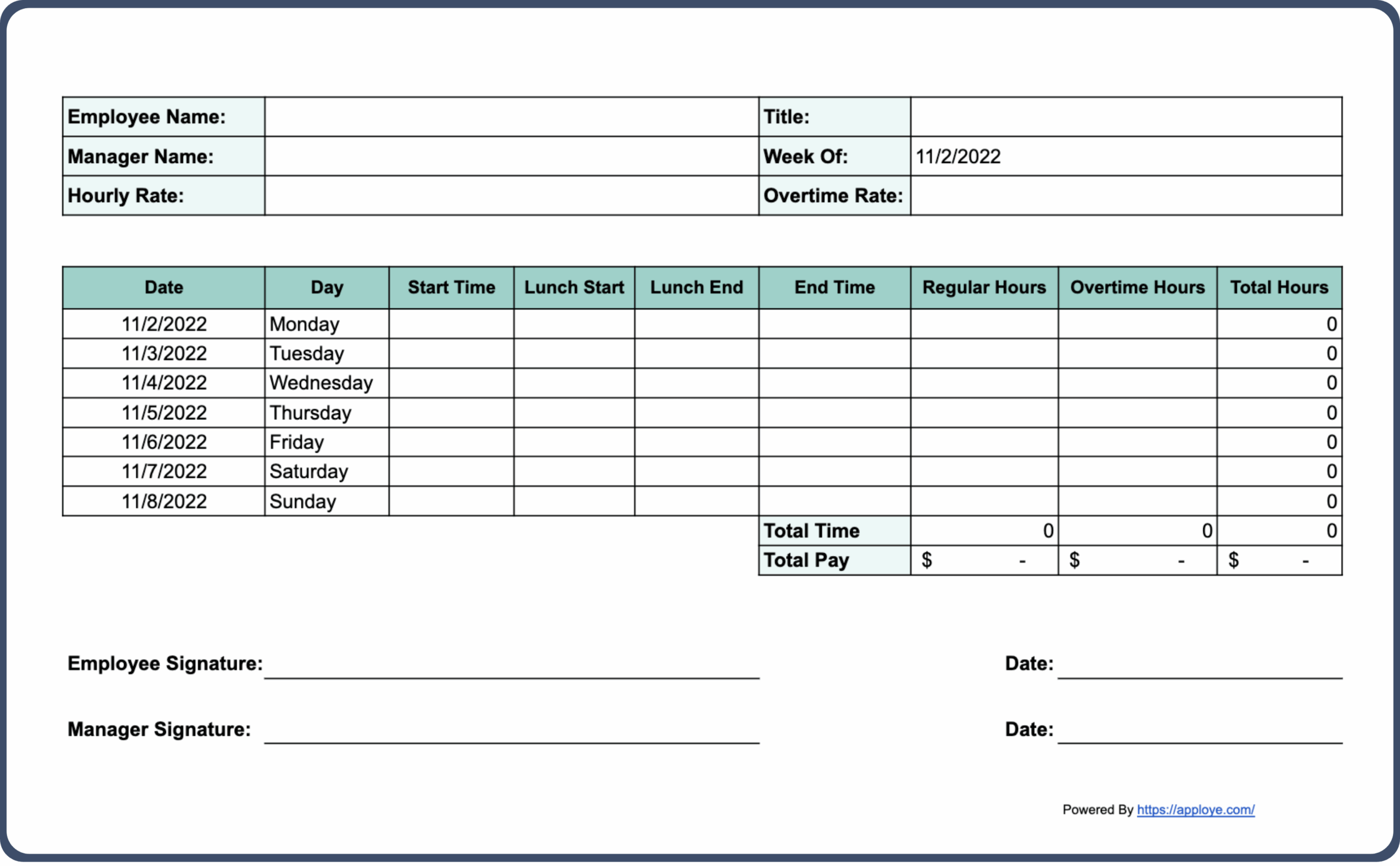 Blank Printable Time Sheets