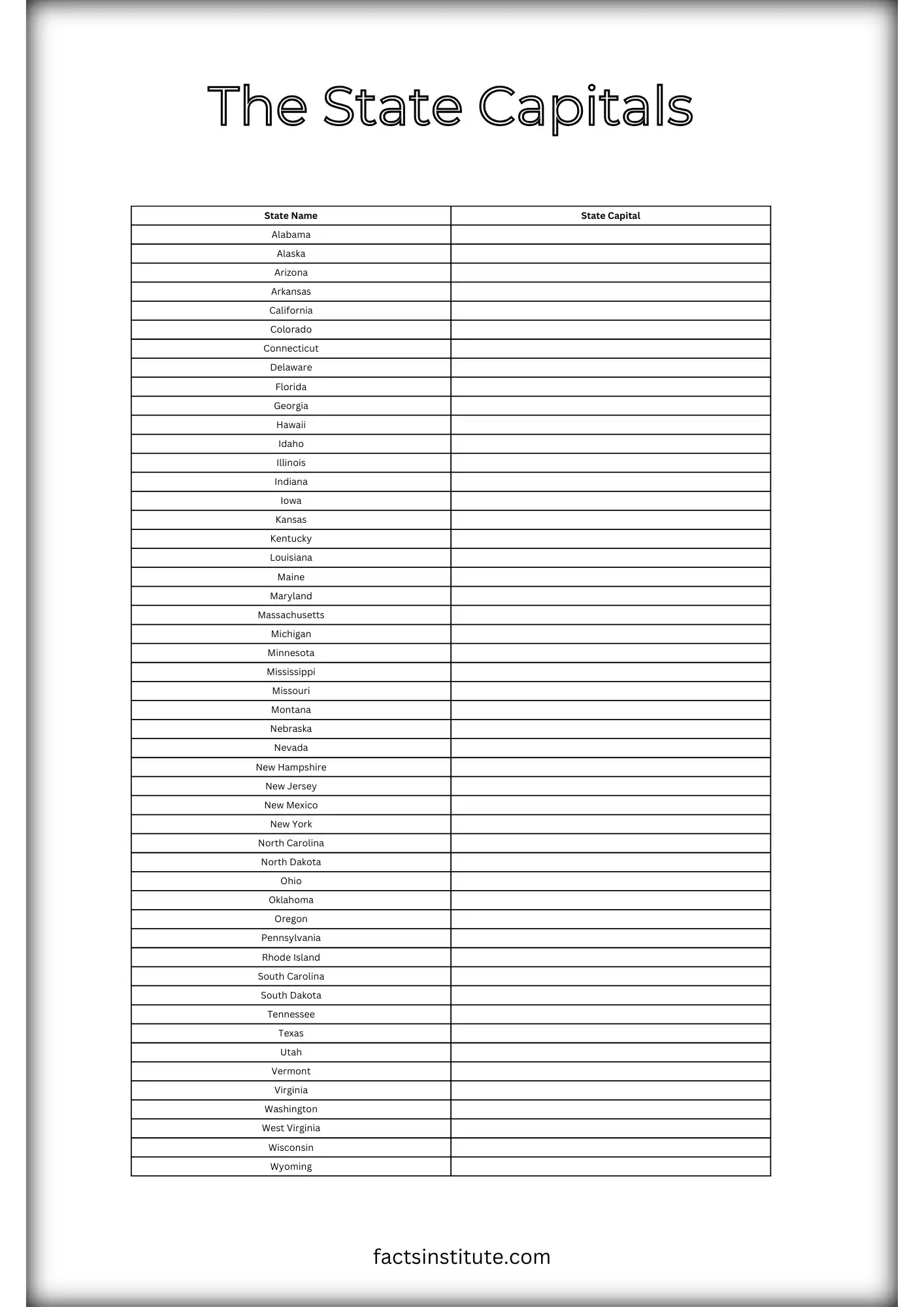 Blank Us Capitals Test Printable