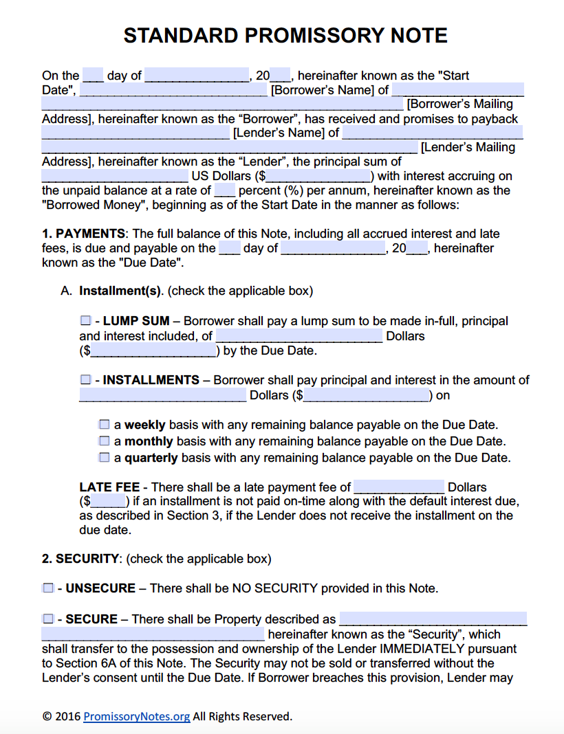 Blank Promissory Note Printable