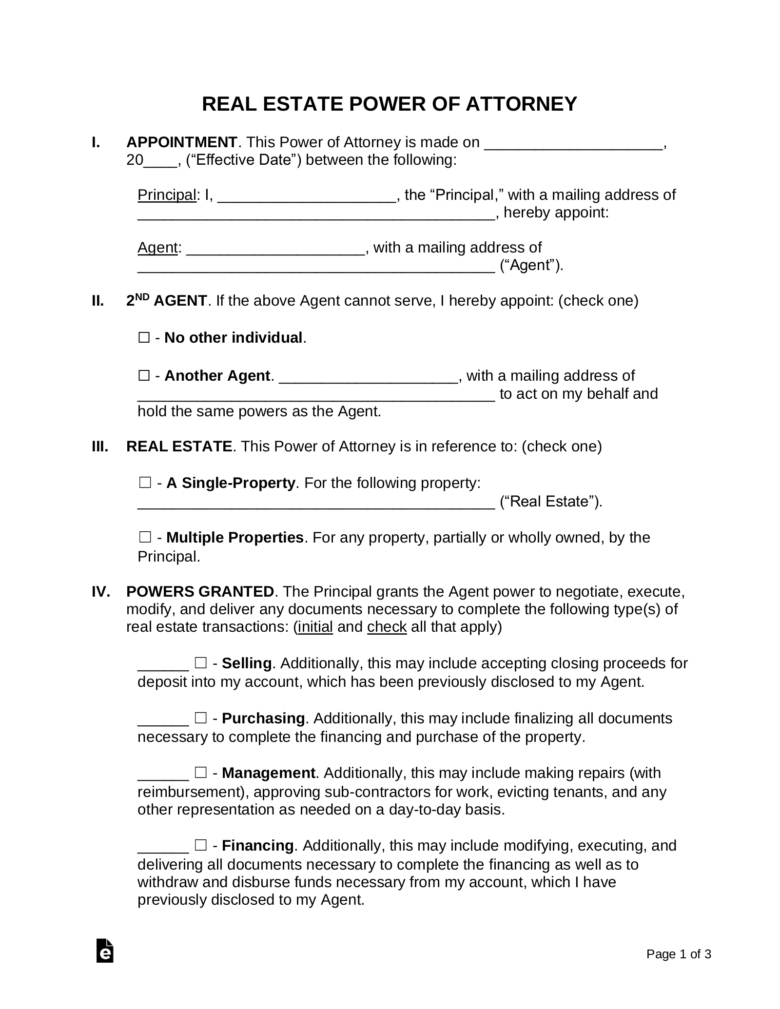 Free Real Estate Power Of Attorney Form PDF Word EForms