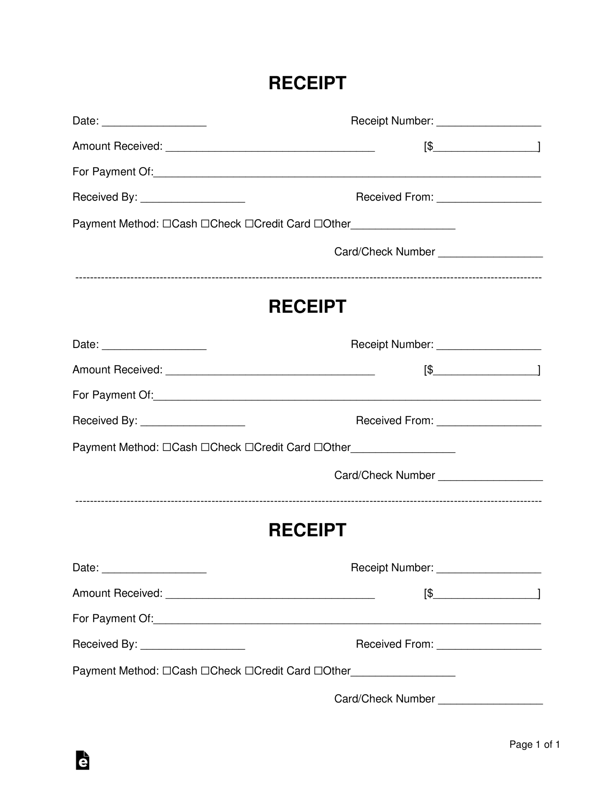 Free Receipt Book Templates Print 3 Receipts Per Page PDF 