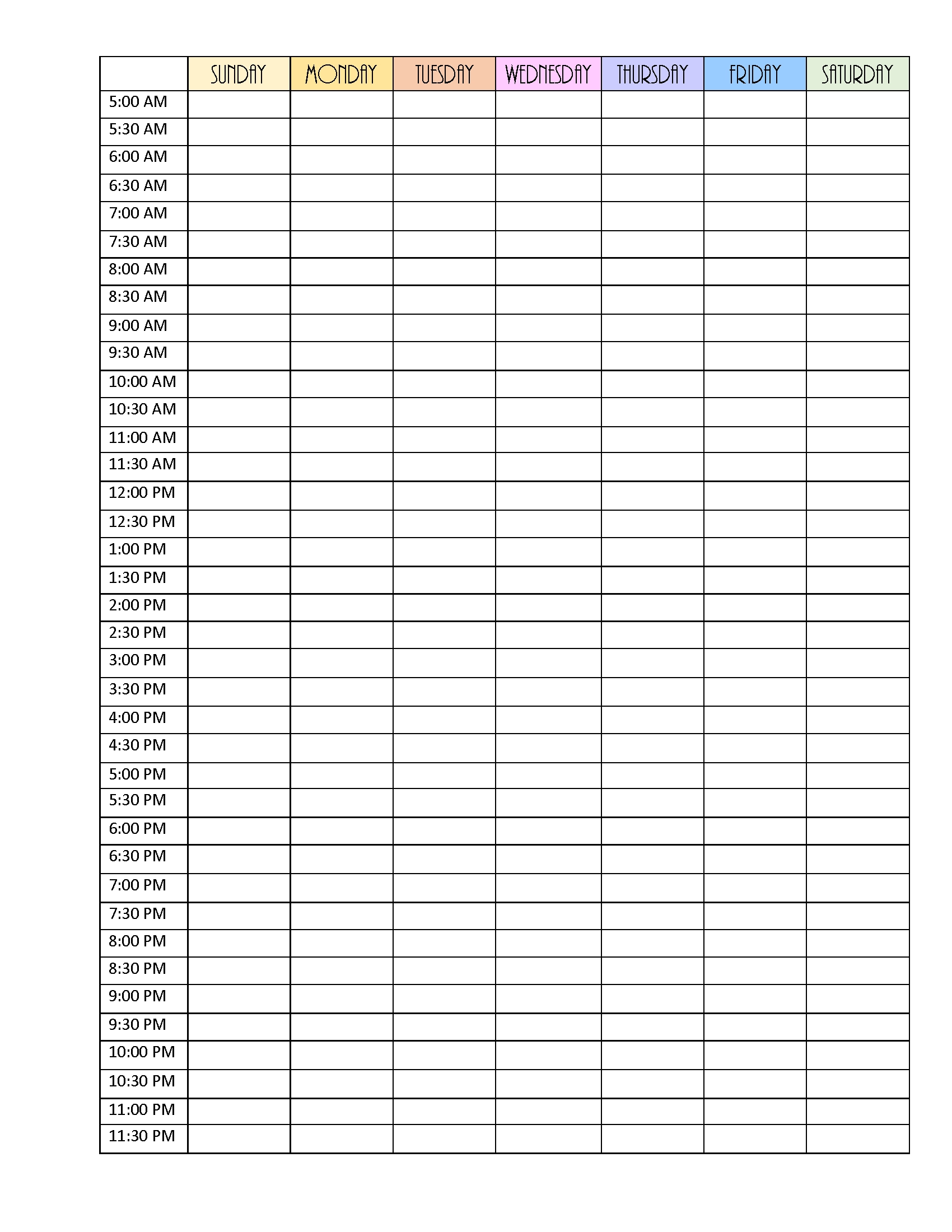 Blank Week Hourly Printable