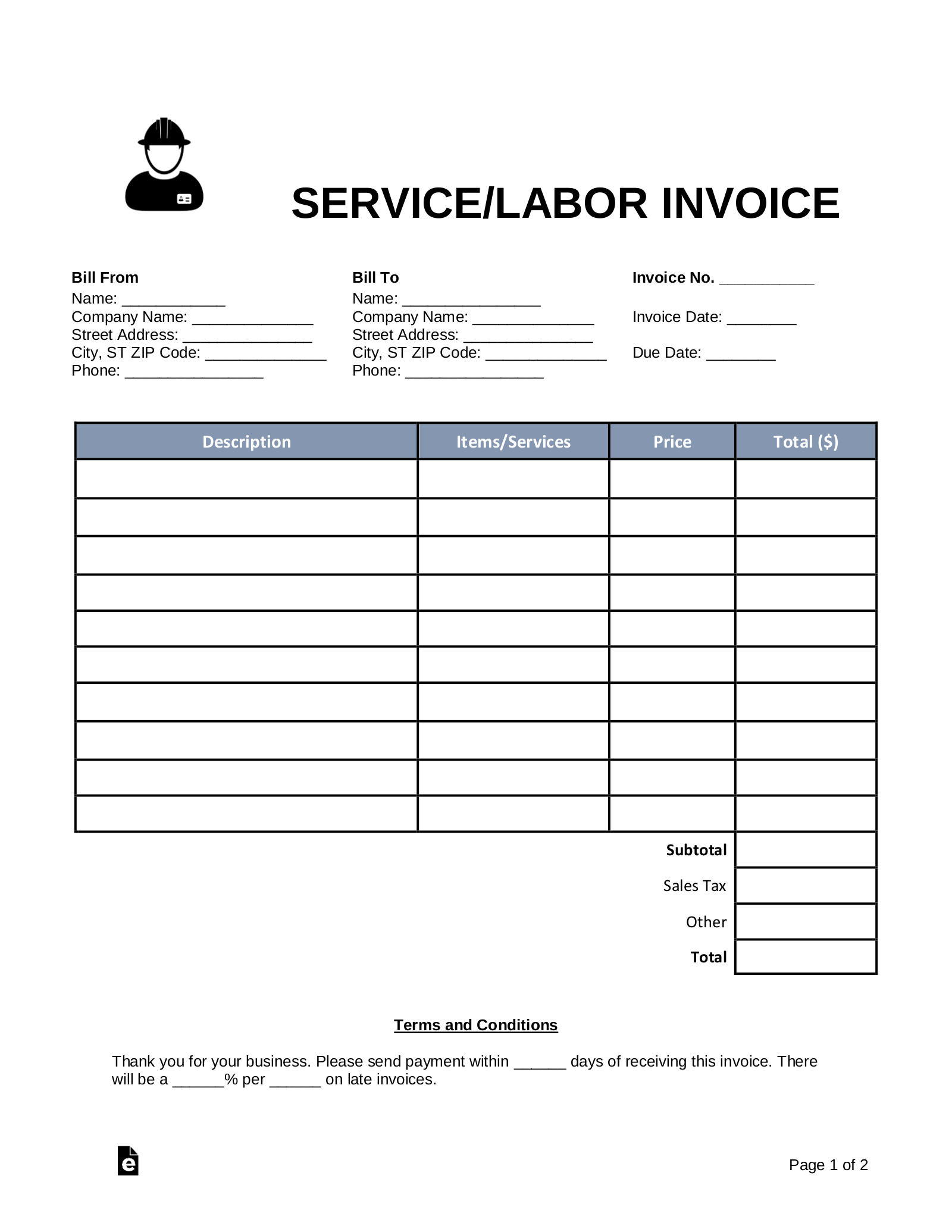 Blank Printable Work Invoice